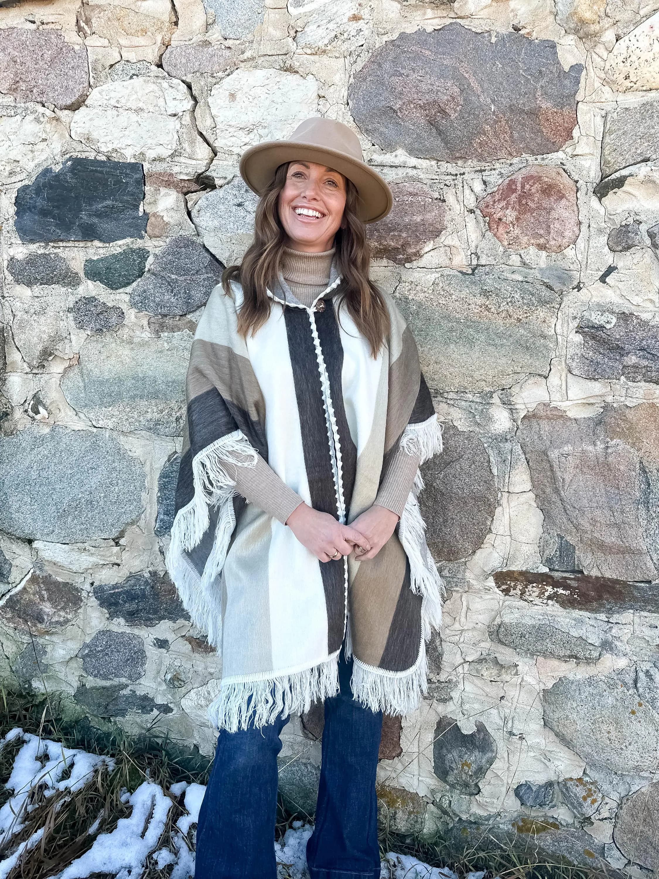 Handwoven Baby Alpaca Poncho – Cream Taupe & Brown Winter Wrap | Elegant Artisan Ruana, Cozy Shawl | Soft Cape Layer | Luxury Gift for Her