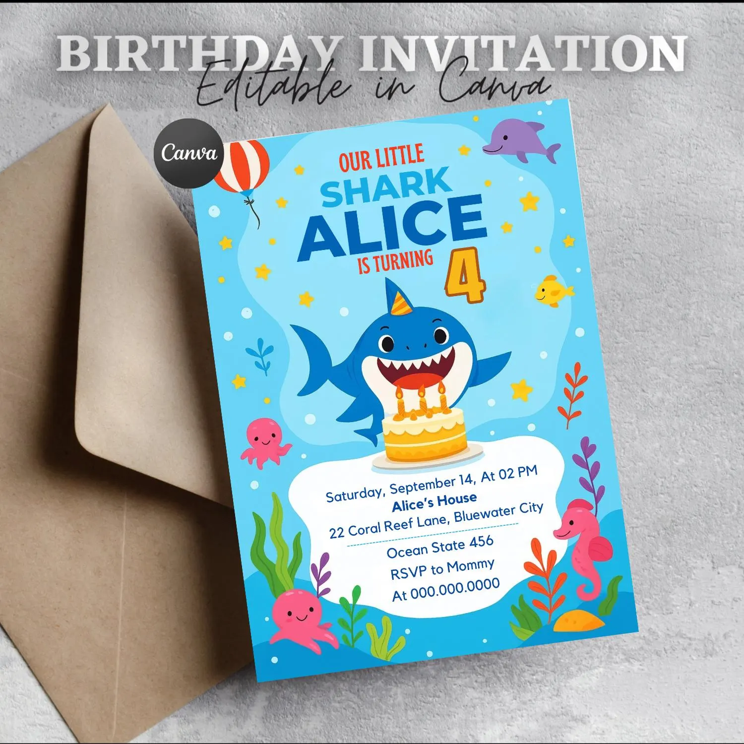 Shark Birthday Invitation, Under the Sea Party (Editable Canva Template, Digital Download) - image 3