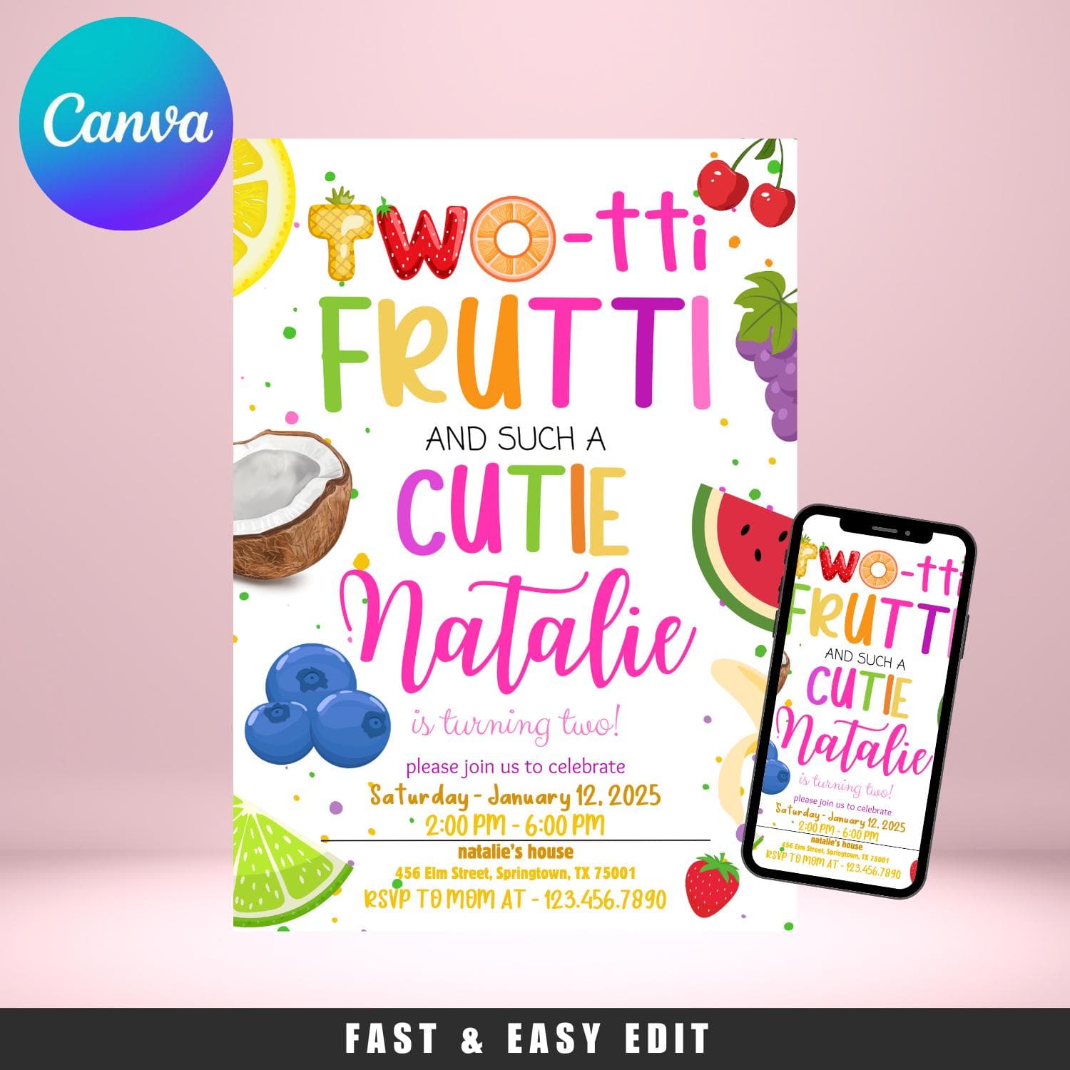 Two-tti Frutti Birthday Invitation: Tropical 2nd Birthday (Canva, Digital Download) - image 4