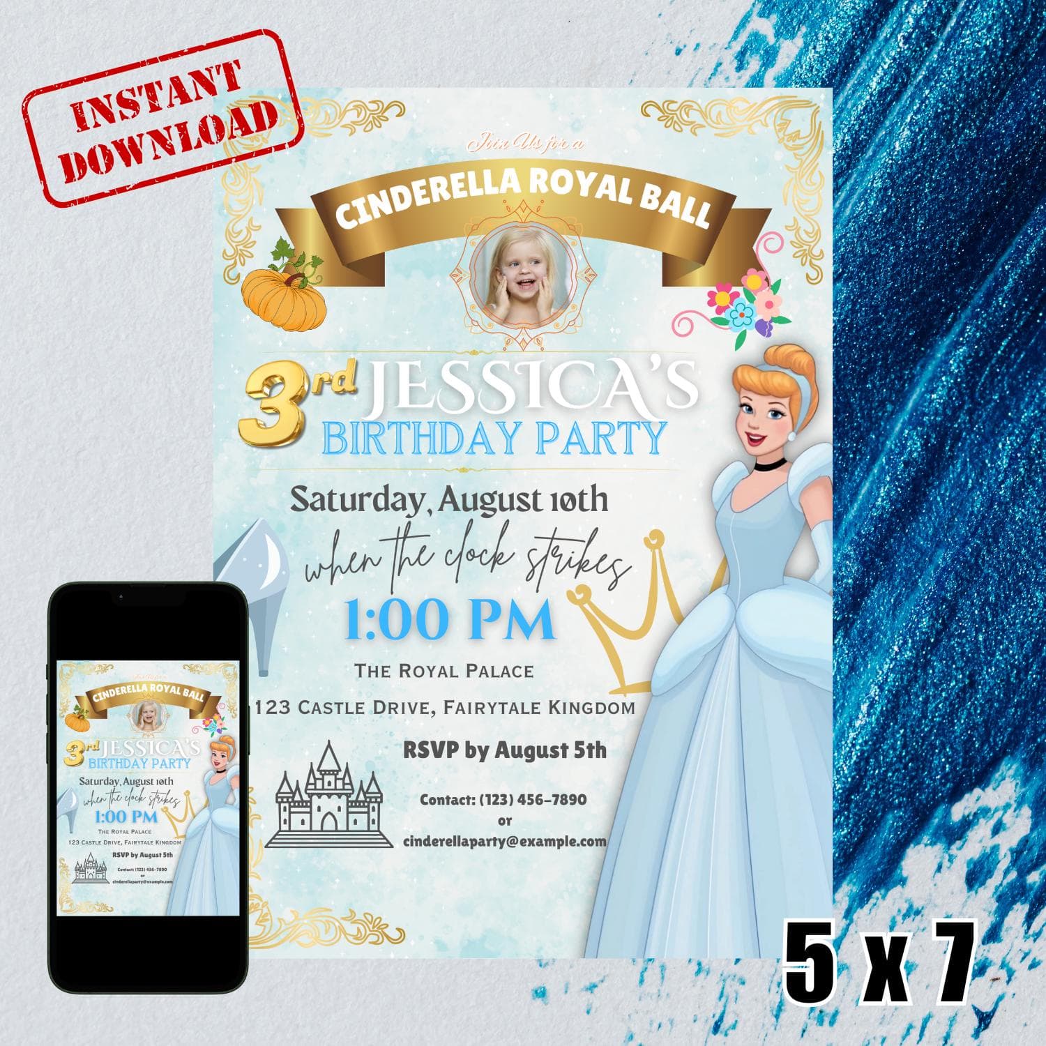 Cinderella Birthday Invitation: Princess Party, Editable Template (Digital Download)