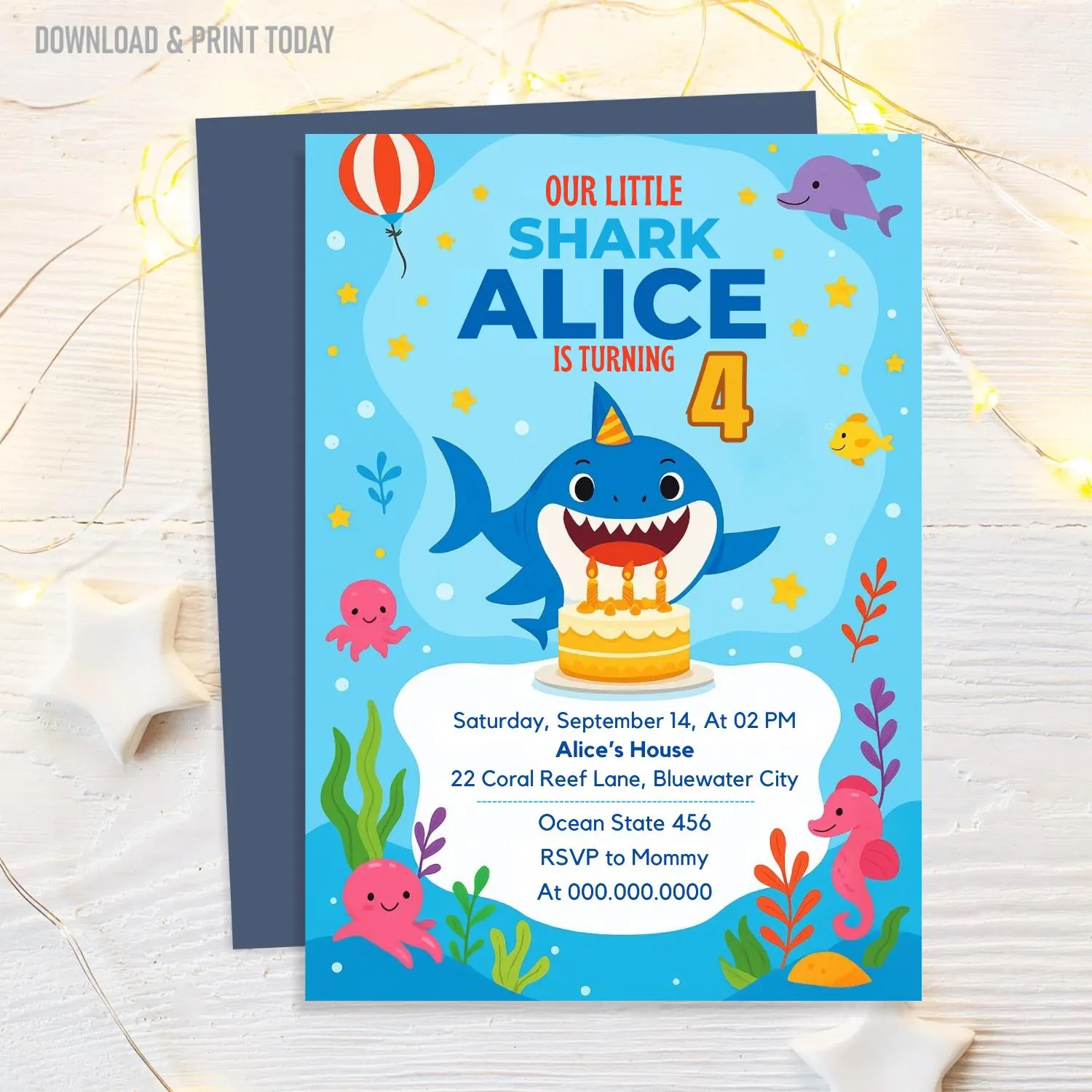 Shark Birthday Invitation, Under the Sea Party (Editable Canva Template, Digital Download) - image 5