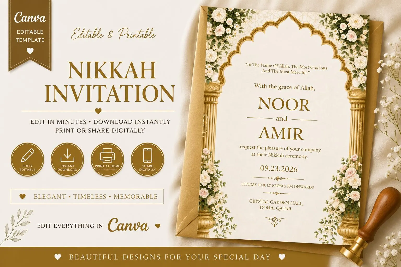 Elegant Gold Islamic Nikkah Invitation Template (Canva Download)