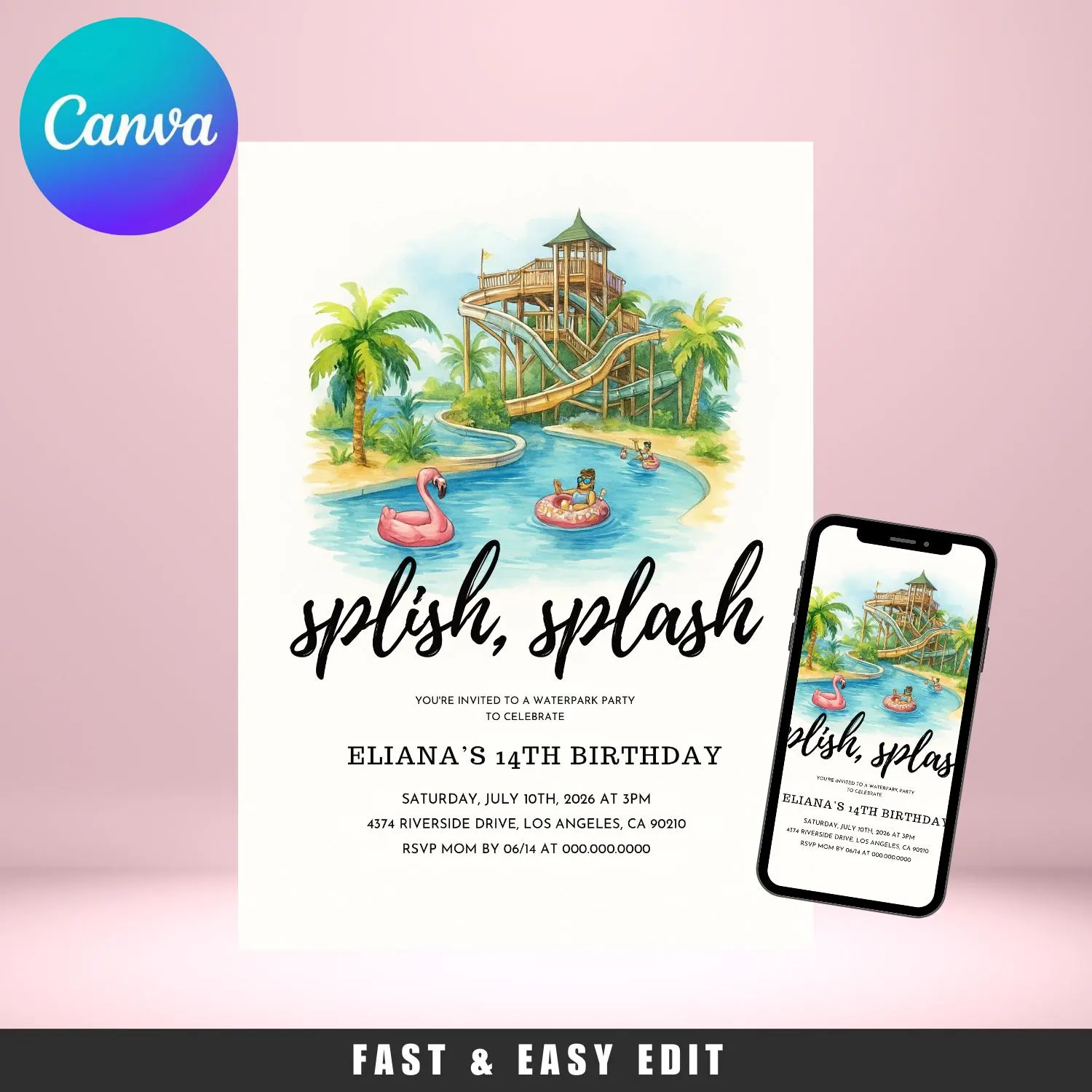 Waterpark Birthday Invitation Editable Canva Template Splash Beach Pool Party Invite Summer Digital Download - image 3