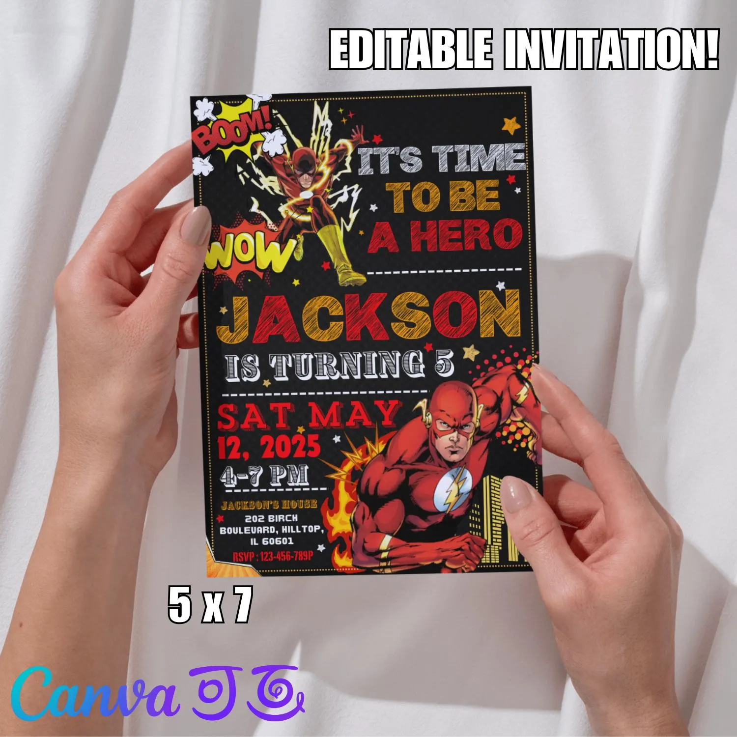 Superhero Birthday Invitation Flash Party Template Comic Hero Editable Kids Birthday Canva Digital Download - image 4