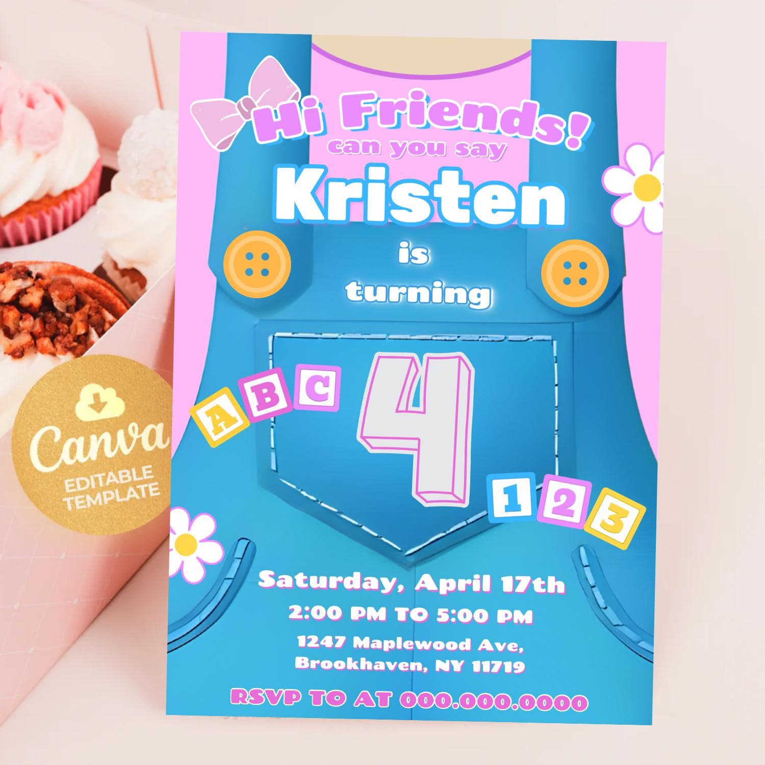 Ms. Rachel Birthday Invitation: ABC 123 Overalls Theme (Digital Template 5x7" Canva)