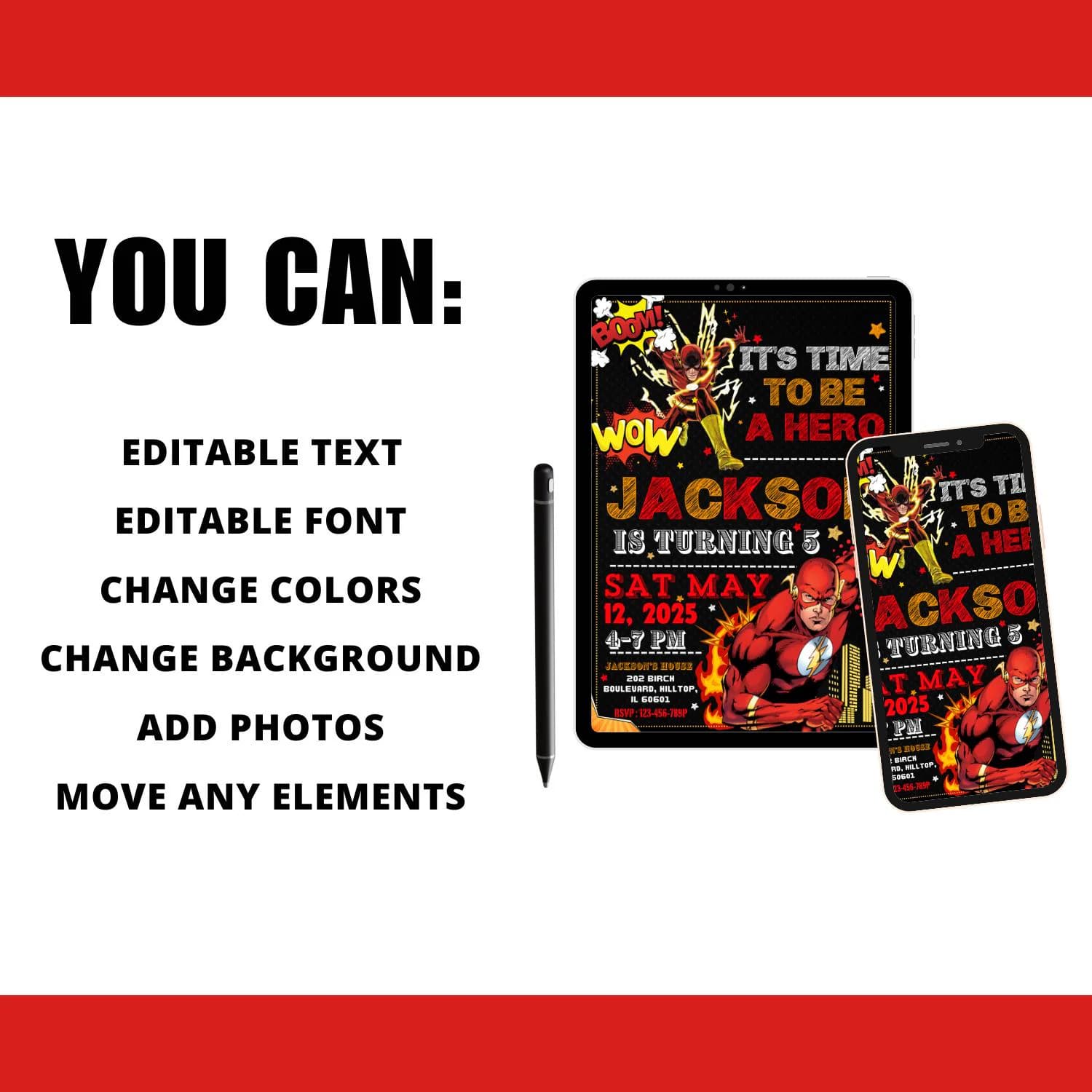 Superhero Birthday Invitation Flash Party Template Comic Hero Editable Kids Birthday Canva Digital Download - image 3