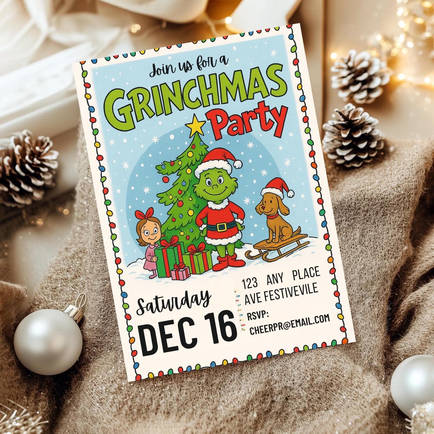 Green Christmas Party Invitation Editable Canva Template Funny Grinchmas Style Holiday Invite Digital Download - image 3