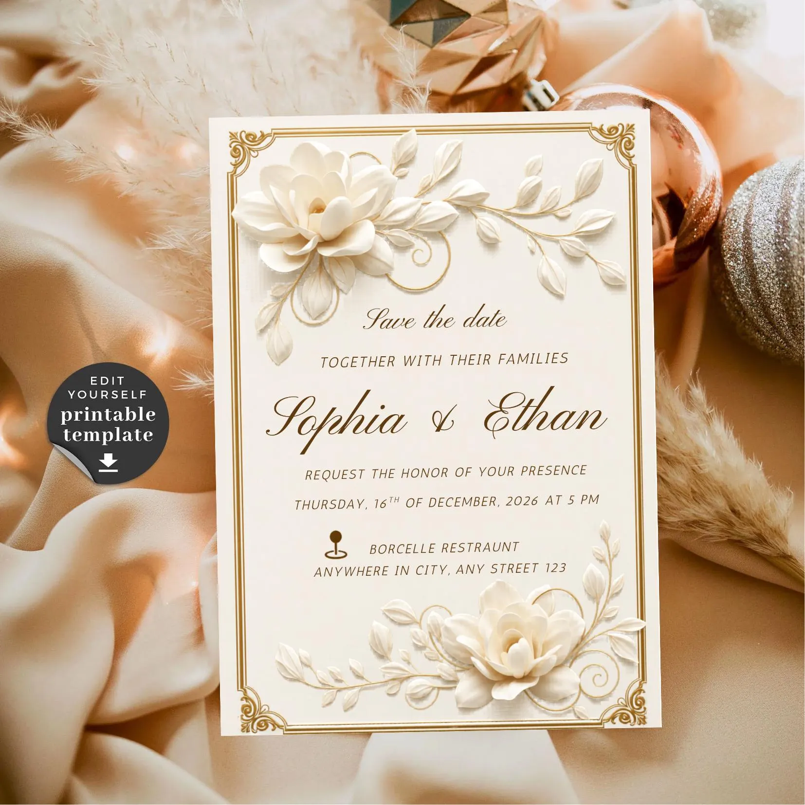 Elegant Floral Wedding Invitation Template: Luxury Gold Design (Canva Editable Download) - image 3