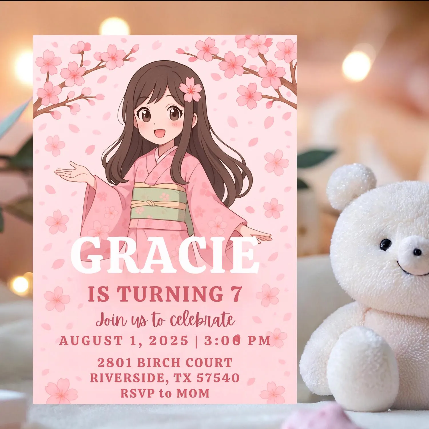 Cherry Blossom Birthday Invitation: Anime Girl, Pink Kimono (Digital Download, Editable Canva Template) - image 2