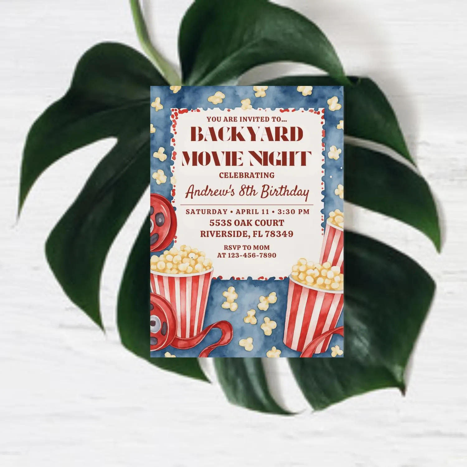Backyard Movie Night Invitation: Popcorn & Film Reels (Digital Card Template, 5x7" Canva Edit) - image 2