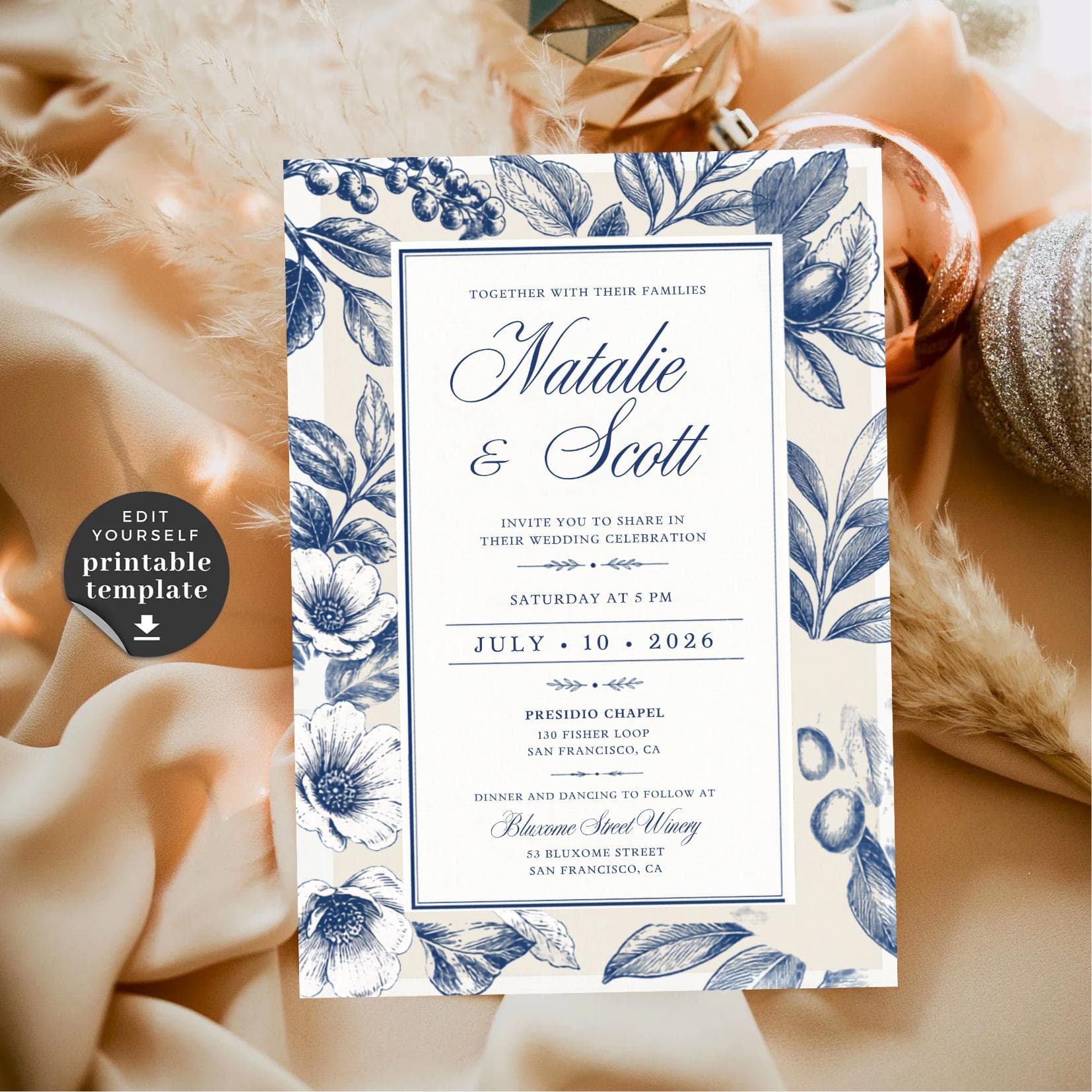 Blue Floral Wedding Invitation Template: Elegant Botanical Canva Design (Instant Download) - image 3