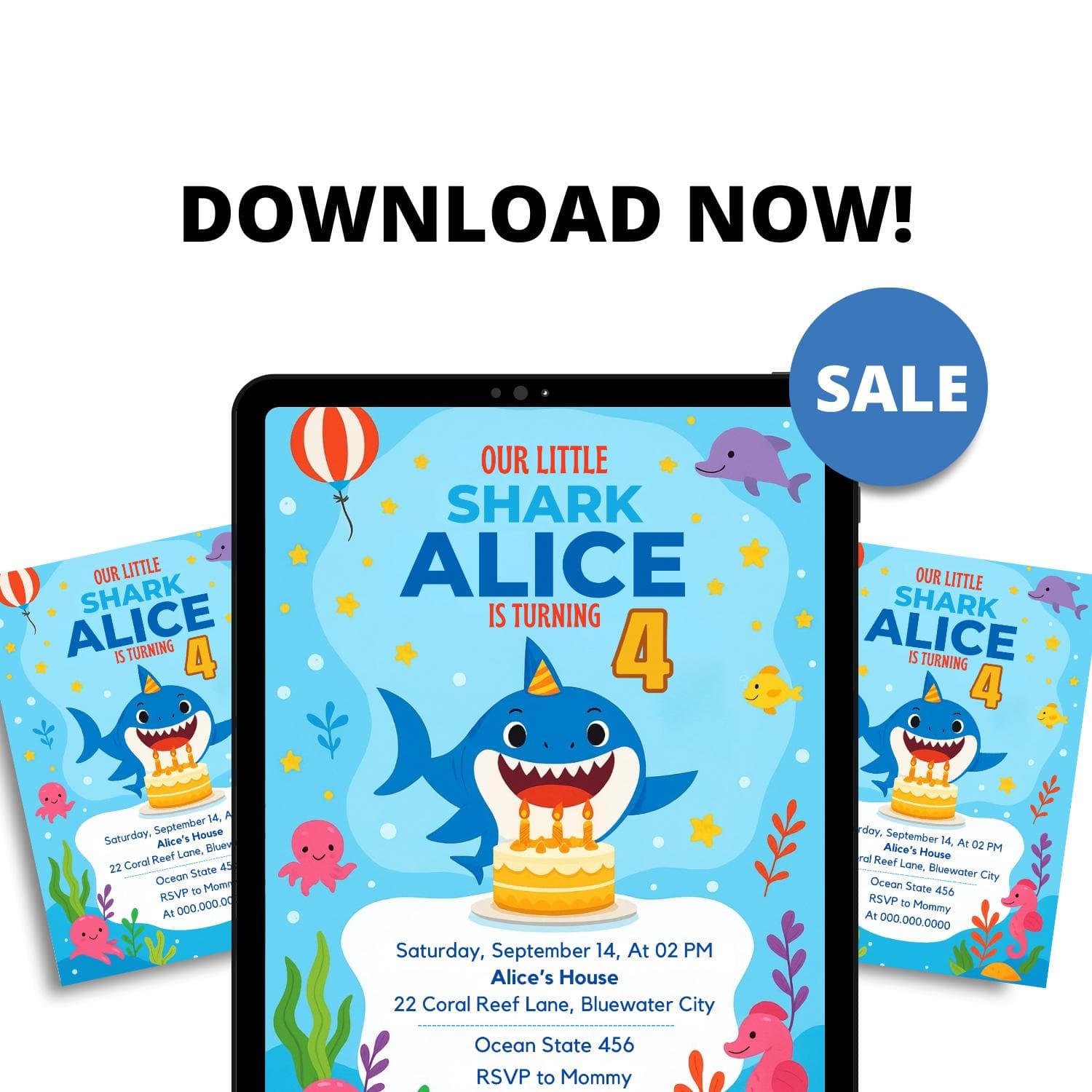 Shark Birthday Invitation, Under the Sea Party (Editable Canva Template, Digital Download) - image 4