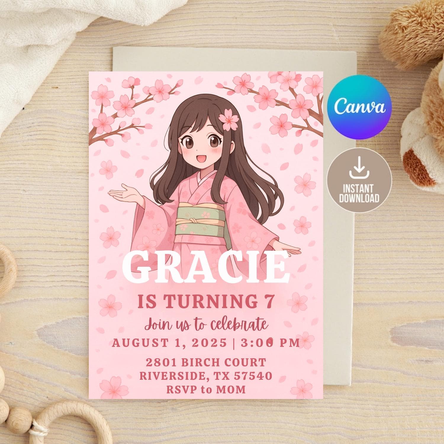 Cherry Blossom Birthday Invitation: Anime Girl, Pink Kimono (Digital Download, Editable Canva Template)