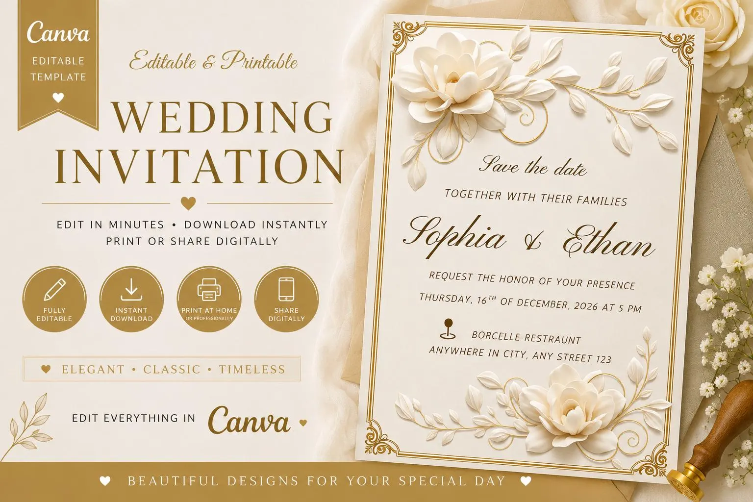Elegant Floral Wedding Invitation Template: Luxury Gold Design (Canva Editable Download)