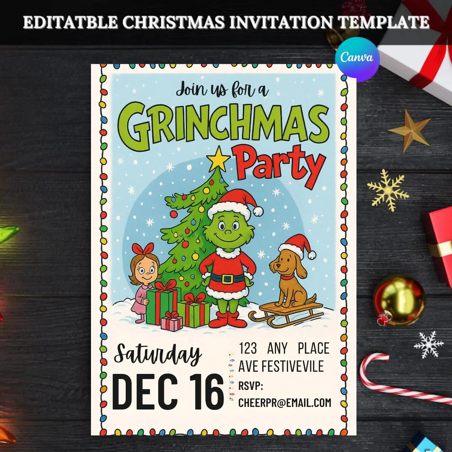 Green Christmas Party Invitation Editable Canva Template Funny Grinchmas Style Holiday Invite Digital Download