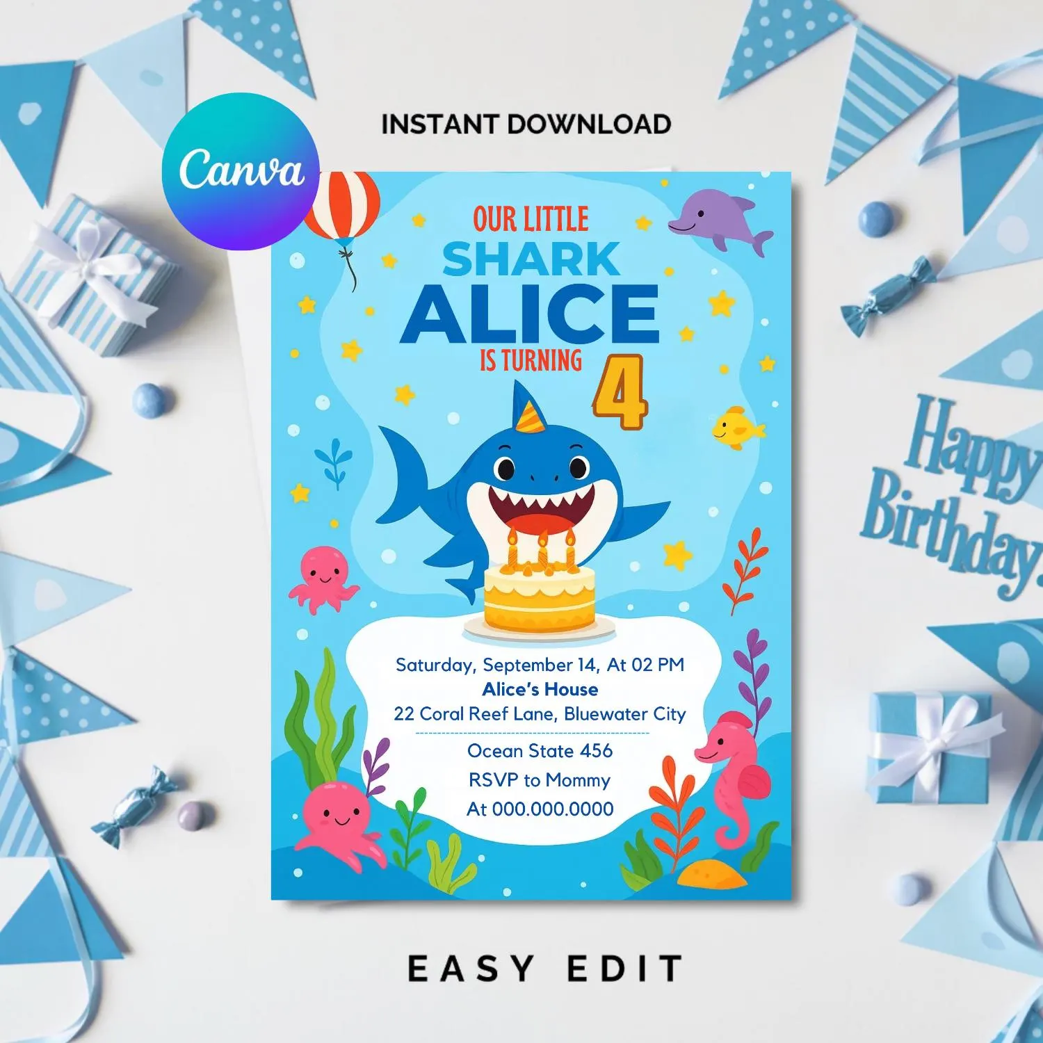 Shark Birthday Invitation, Under the Sea Party (Editable Canva Template, Digital Download) - image 2