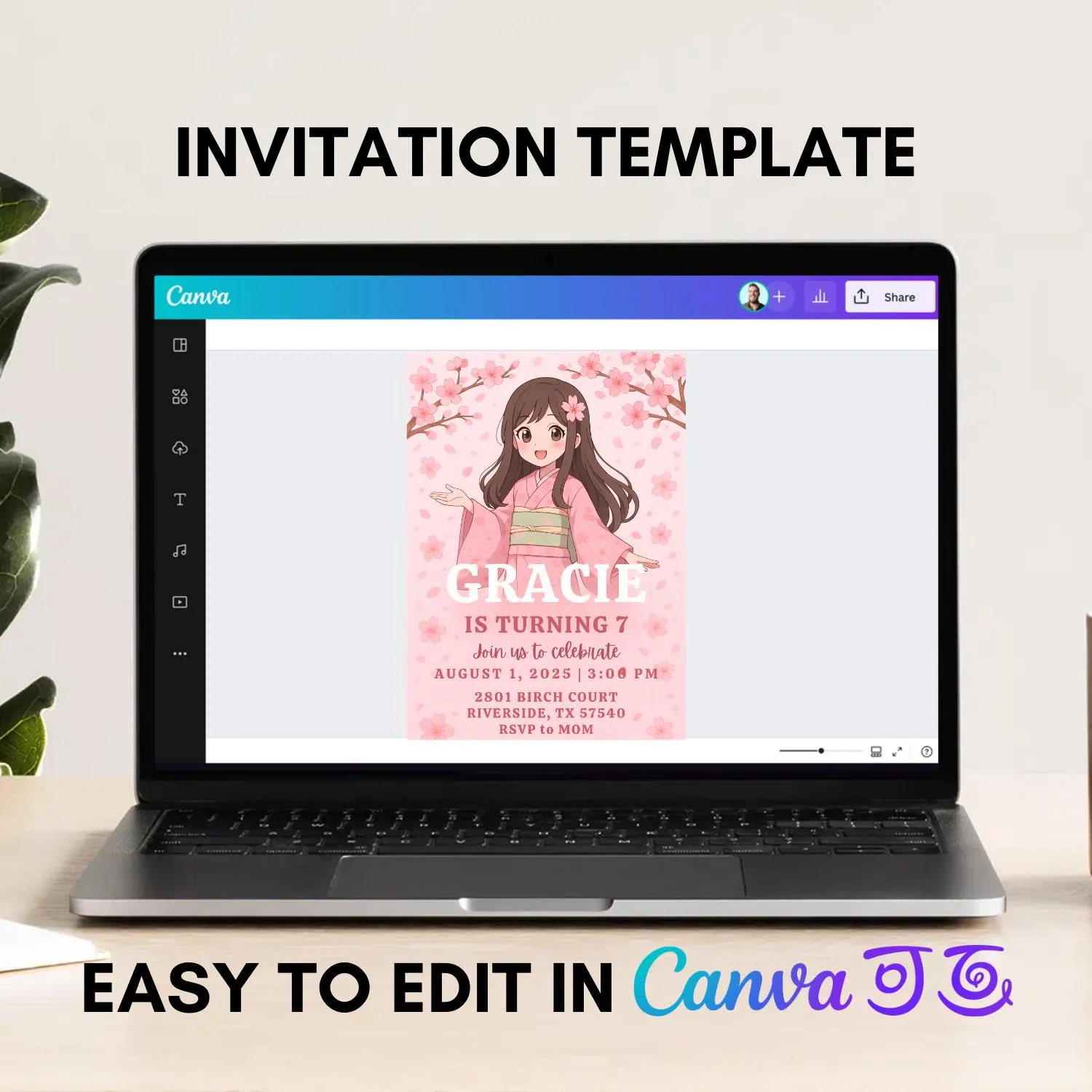 Cherry Blossom Birthday Invitation: Anime Girl, Pink Kimono (Digital Download, Editable Canva Template) - image 3