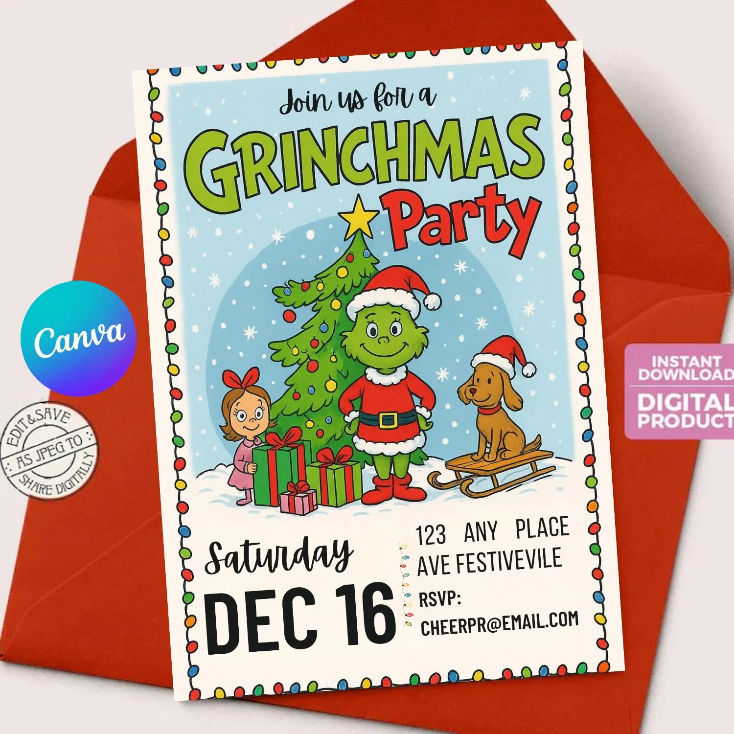 Green Christmas Party Invitation Editable Canva Template Funny Grinchmas Style Holiday Invite Digital Download - image 5