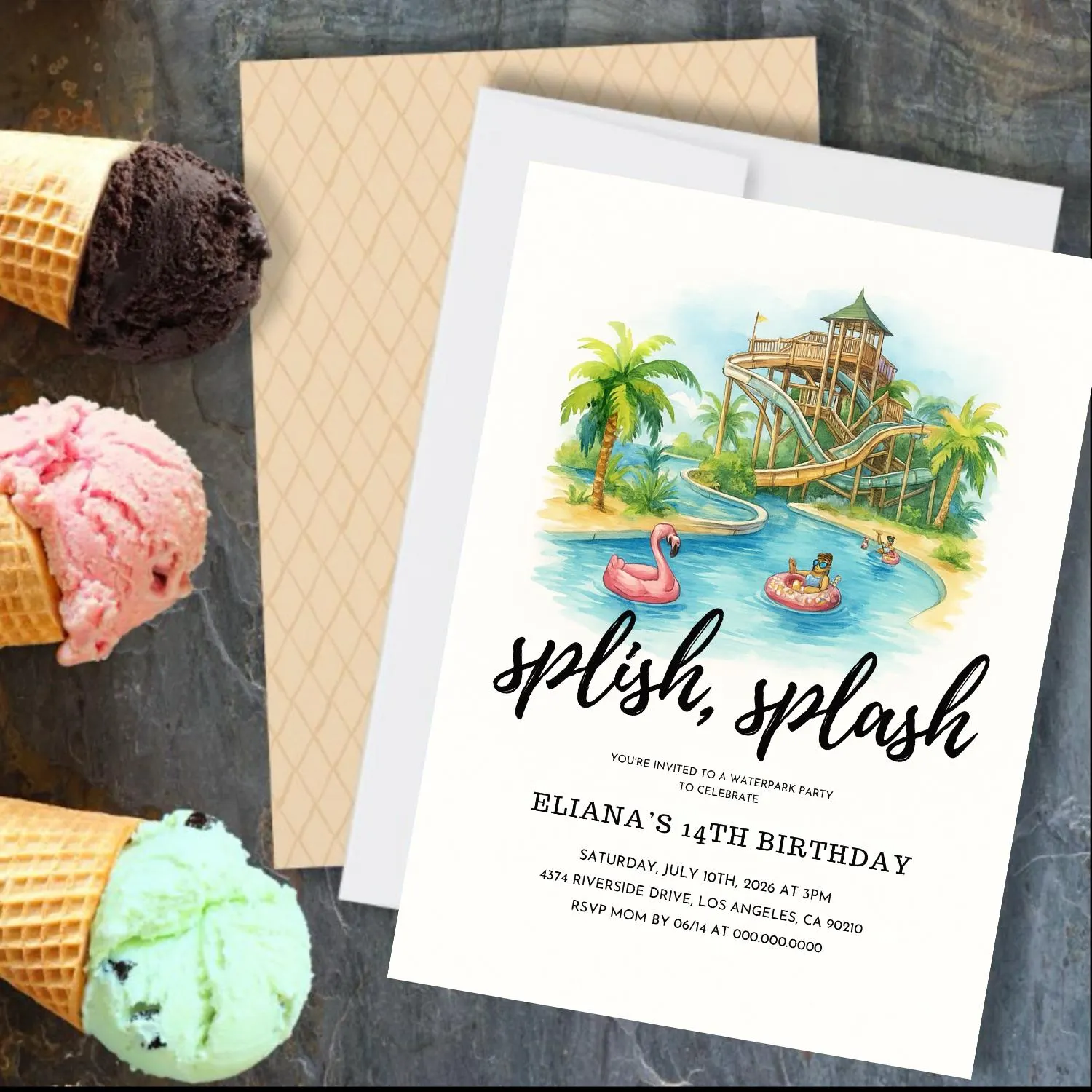 Waterpark Birthday Invitation Editable Canva Template Splash Beach Pool Party Invite Summer Digital Download