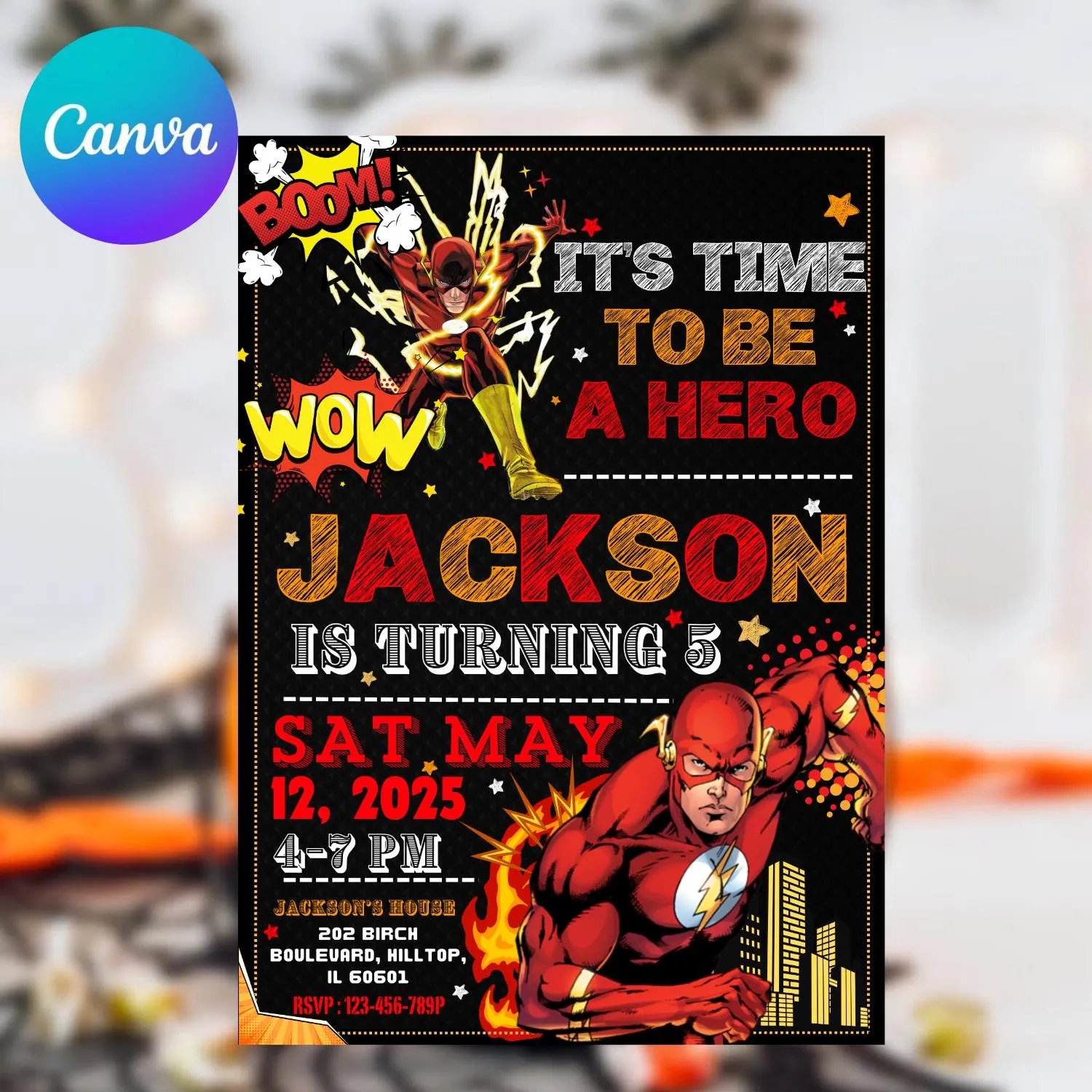 Superhero Birthday Invitation Flash Party Template Comic Hero Editable Kids Birthday Canva Digital Download - image 5