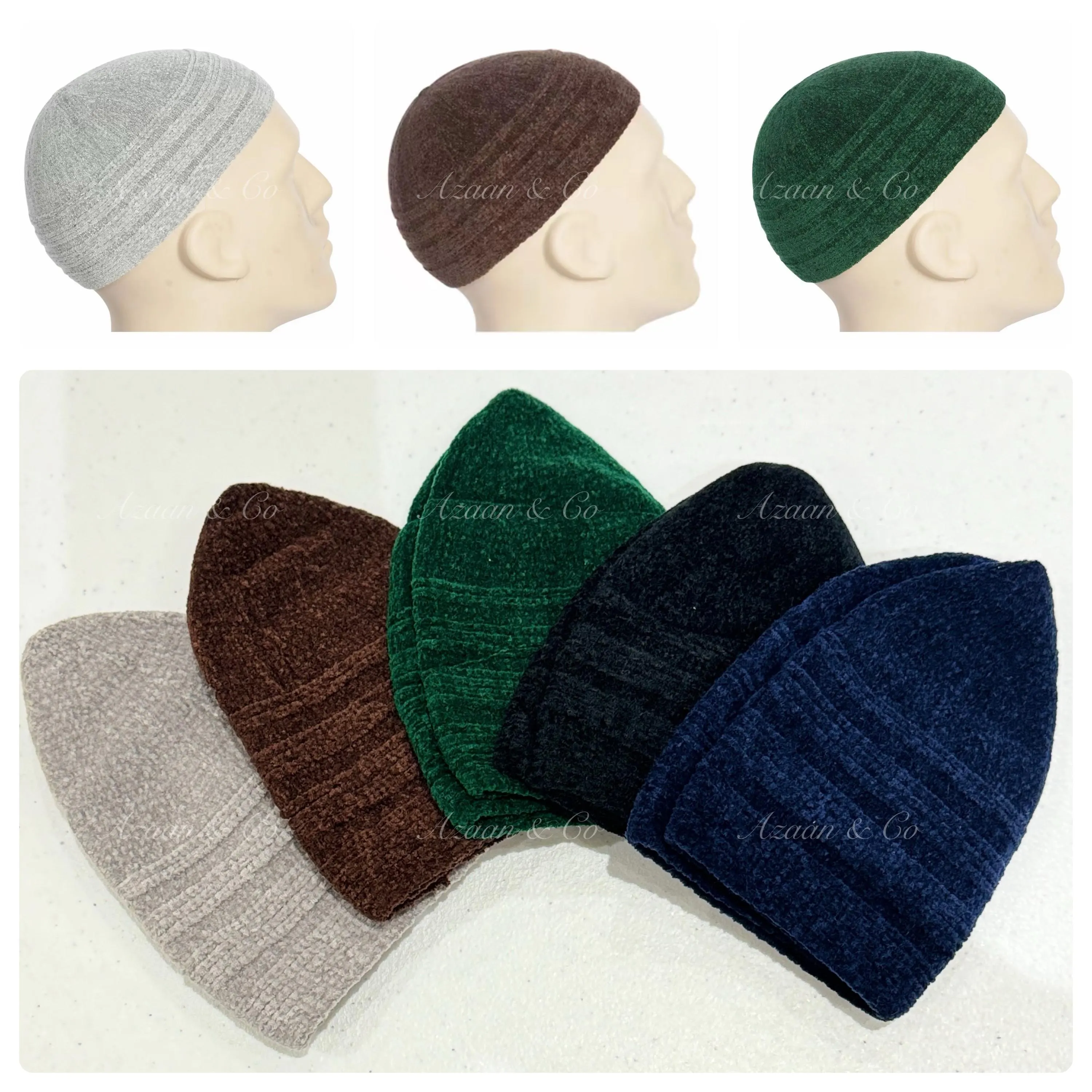 5x Mens Prayer Hat Chenille Soft Turkish Kufi Topi Warm Winter Muslim Islamic Skull Hats Taqiyah Man Gents