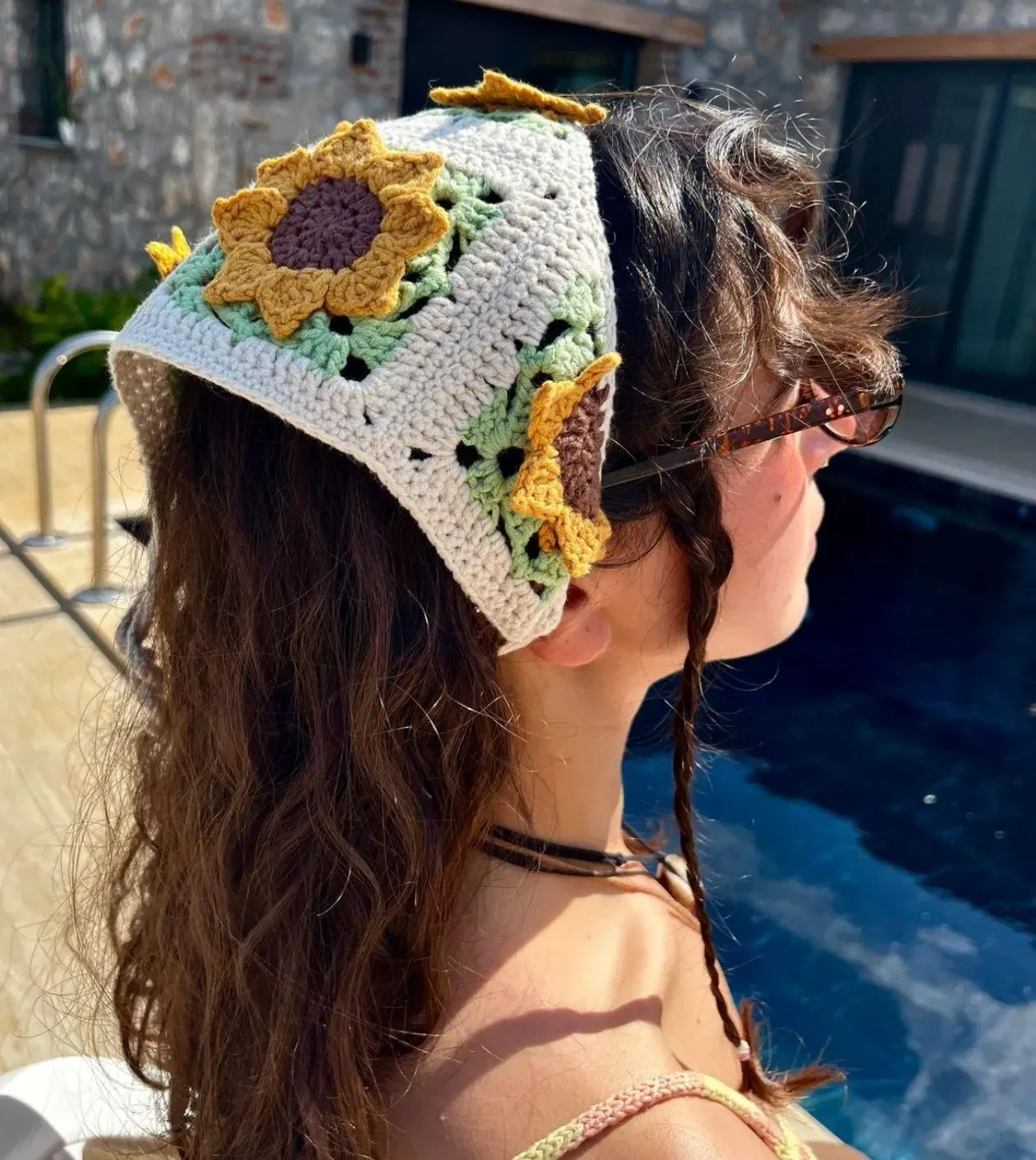 Sunflower Hand-Knitted Bandana, 100% Cotton Knit Bandana, Patterned Handmade Crochet Knitted Bandana, Handmade Knitted Headband
