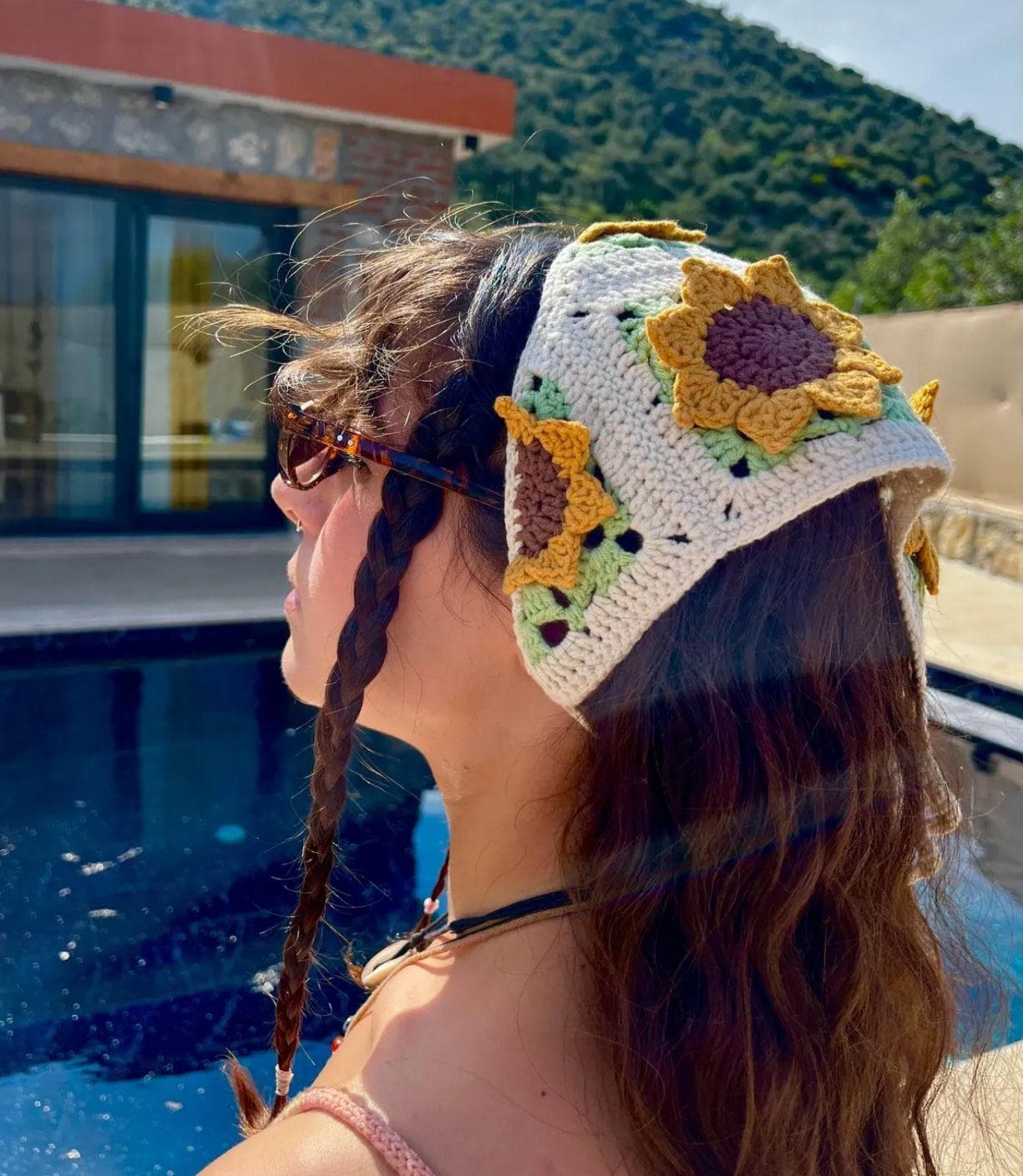Sunflower Hand-Knitted Bandana, 100% Cotton Knit Bandana, Patterned Handmade Crochet Knitted Bandana, Handmade Knitted Headband - image 4