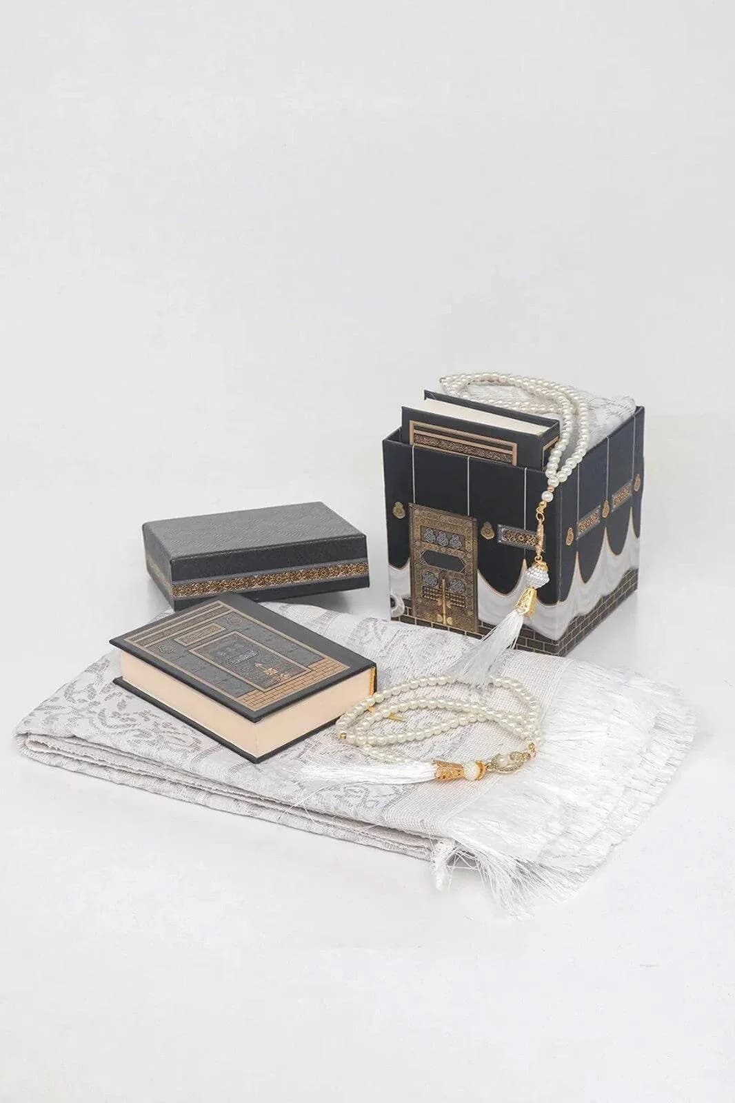 Quran Pearl Prayer Beads and Prayer Rug Set in Kaaba Box, Islamic Gift Box, Kaaba Box with Quran, Prayer Rug and Tasbih Gift Set for Muslim