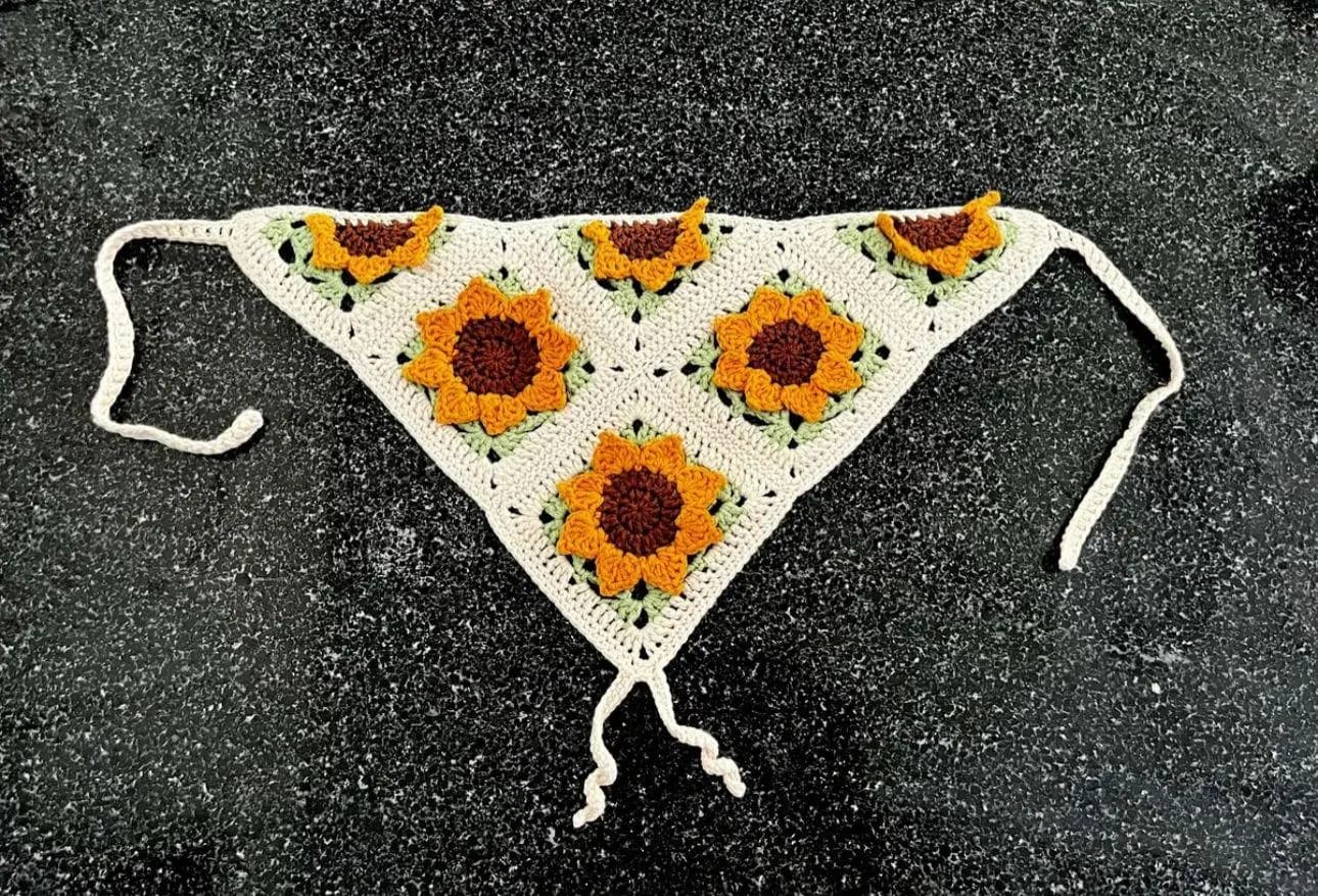 Sunflower Hand-Knitted Bandana, 100% Cotton Knit Bandana, Patterned Handmade Crochet Knitted Bandana, Handmade Knitted Headband - image 5