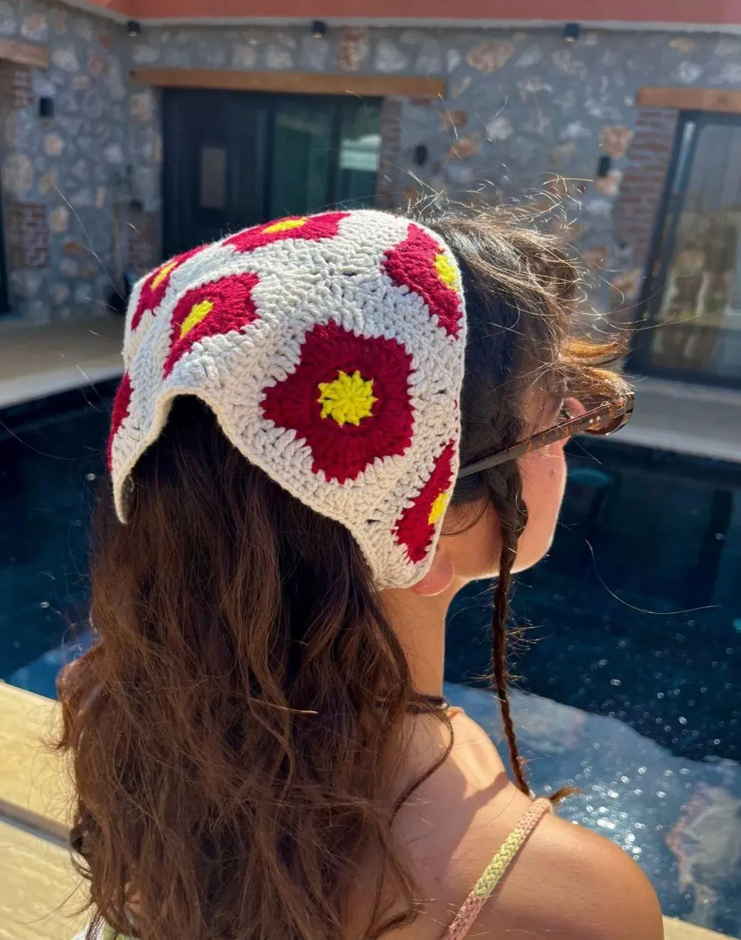 Hand Knitted Floral Patterned Bandana, Patterned, Handmade Crochet Knitted Bandana, Colorful Net Pattern Bandana, Handmade Knitted Headband