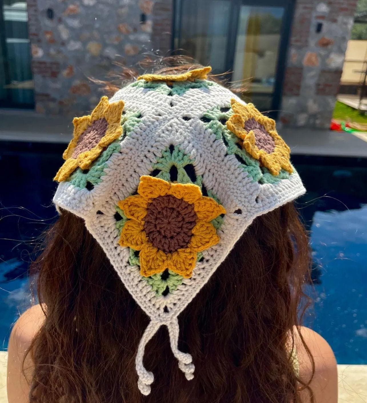 Sunflower Hand-Knitted Bandana, 100% Cotton Knit Bandana, Patterned Handmade Crochet Knitted Bandana, Handmade Knitted Headband - image 3
