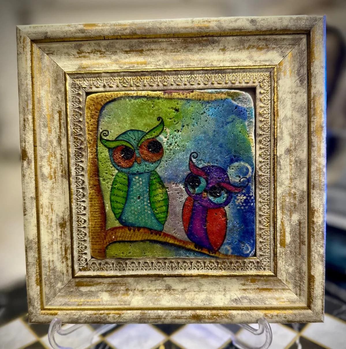 Handcrafted Stone Owl Artwork, Wooden Frame, Unique Home Decor