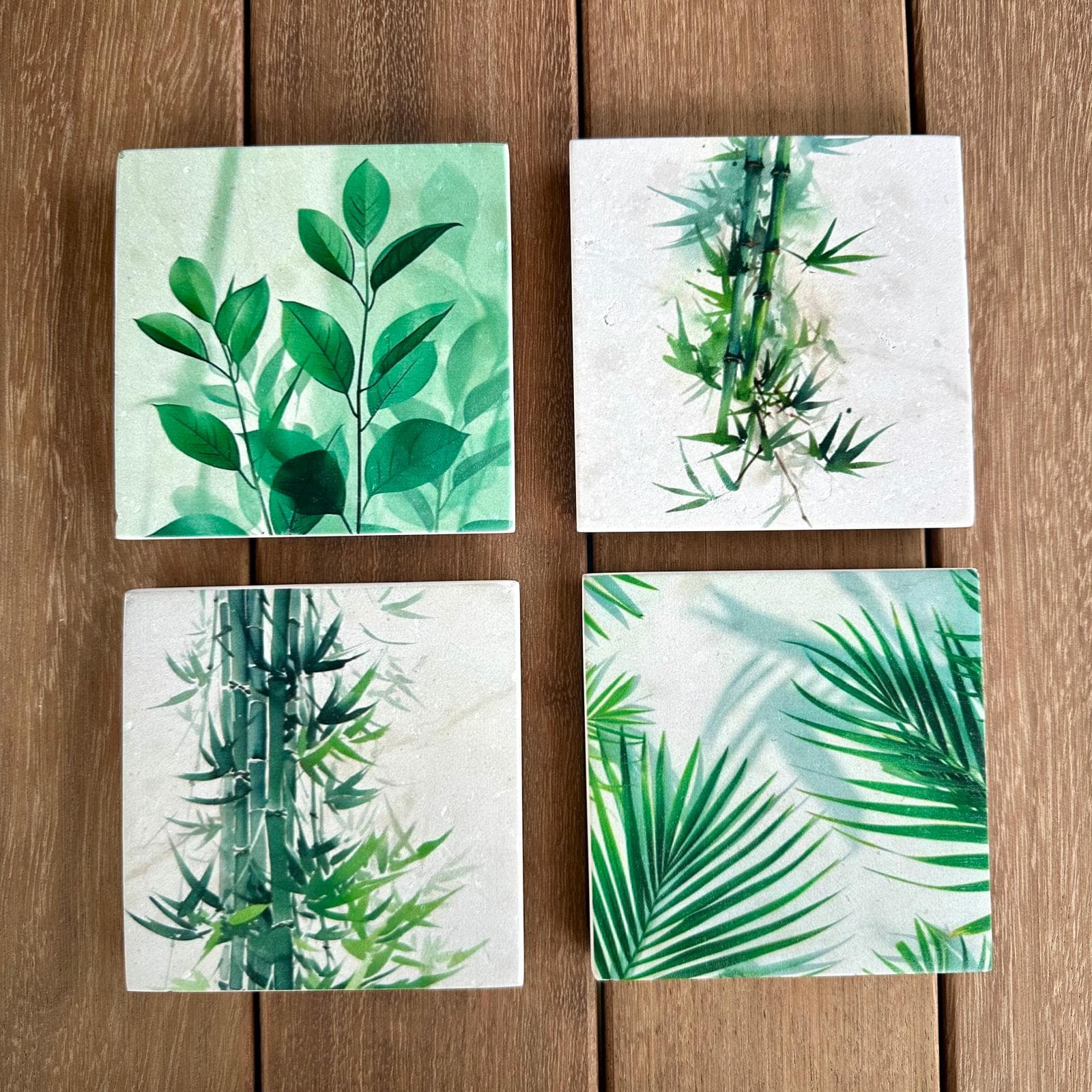 Limra Stone Coasters, Tropical Bamboo Botanical Decor, Set of 4