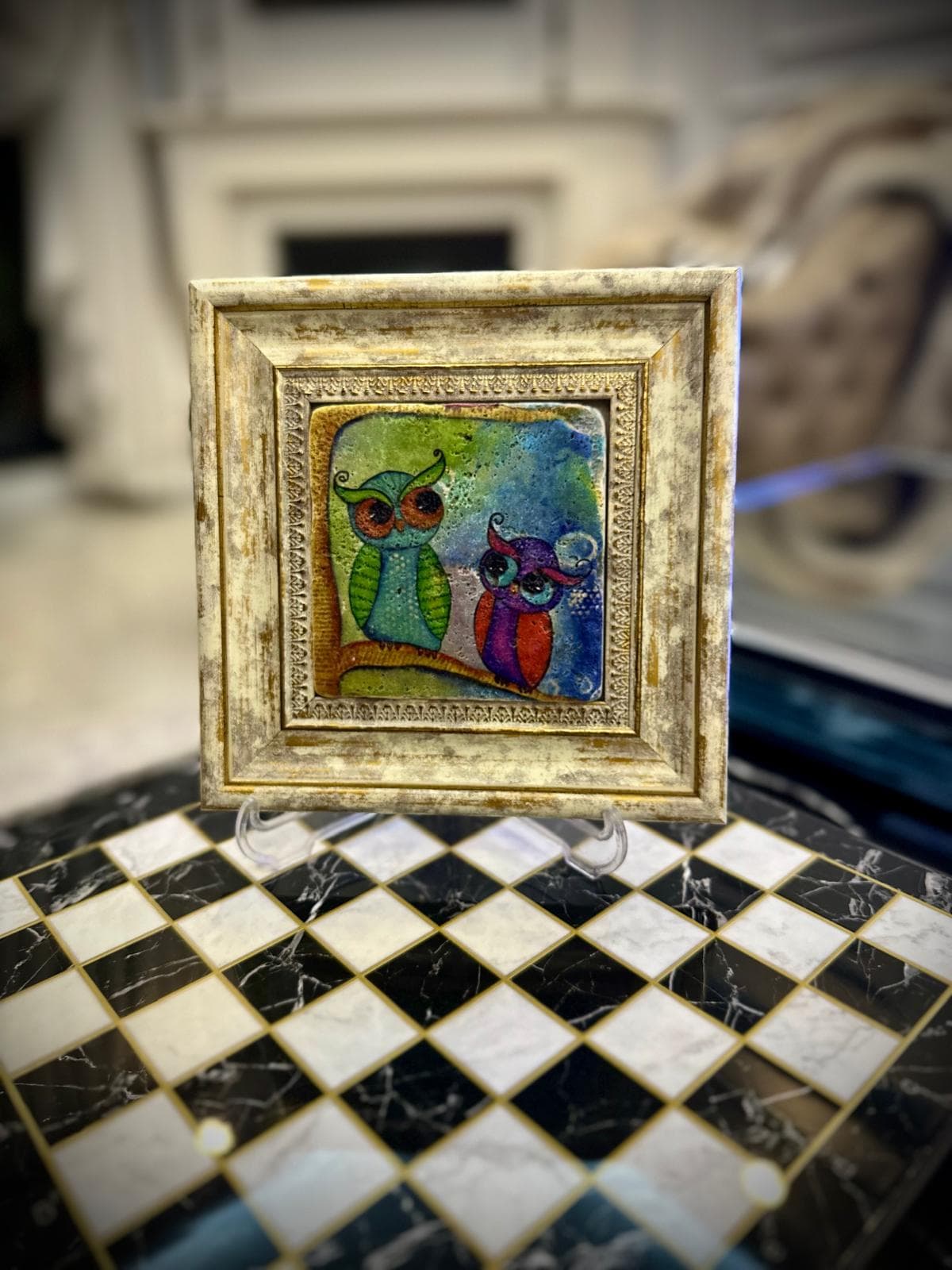 Handcrafted Stone Owl Artwork, Wooden Frame, Unique Home Decor - image 4