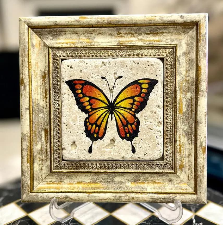 Butterfly Stone Art, Floral Wooden Frame, Handcrafted Decor