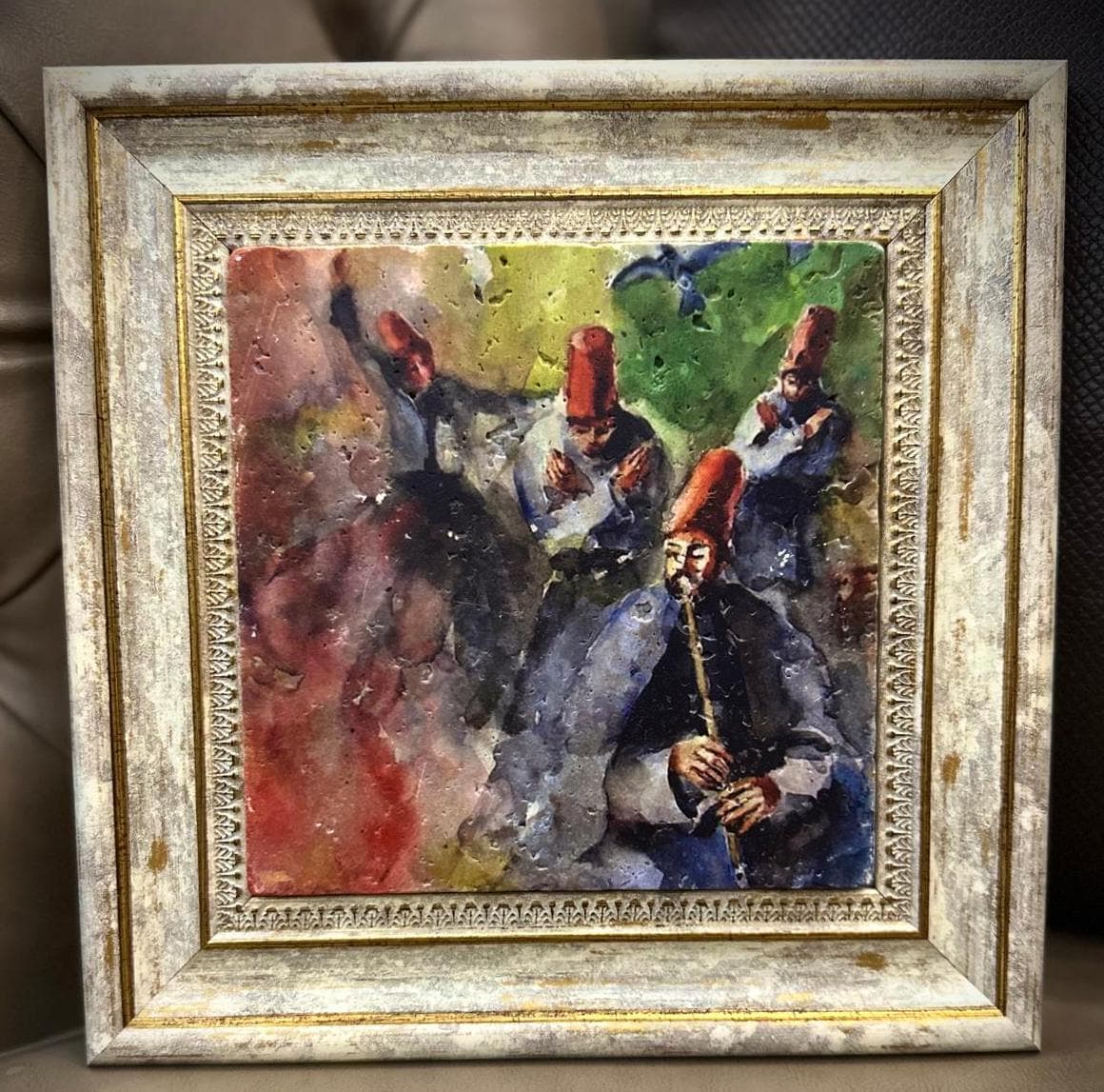 Handmade Neyzen & Dervishes Painting on Natural Stone with Wooden Frame, Sufi Art