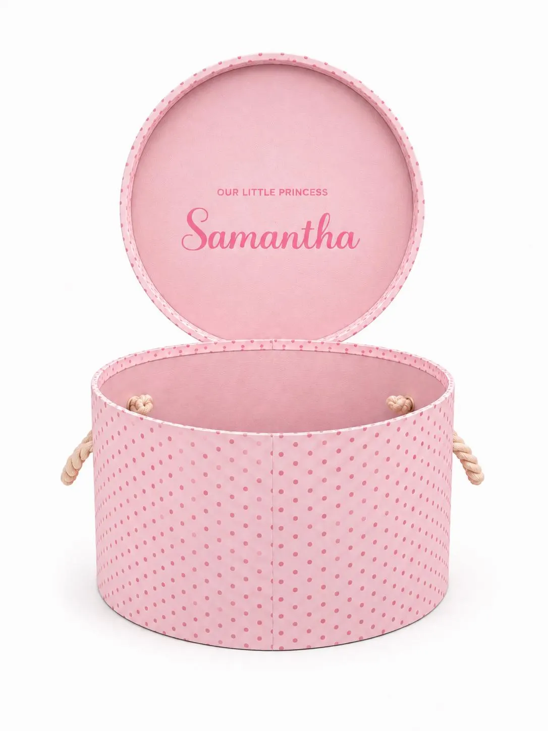 Personalized Baby Keepsake Box | Round Nursery Memory Box | Custom Baby Girl Gift | Pink Polka Dot Storage Box | New Baby Keepsake - image 5