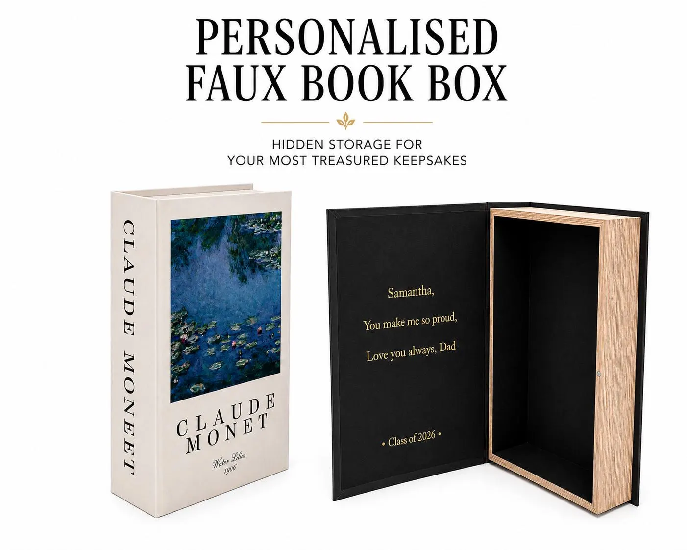 Personalized Claude Monet Water Lilies Faux Book Box, Graduation Keepsake Storage
