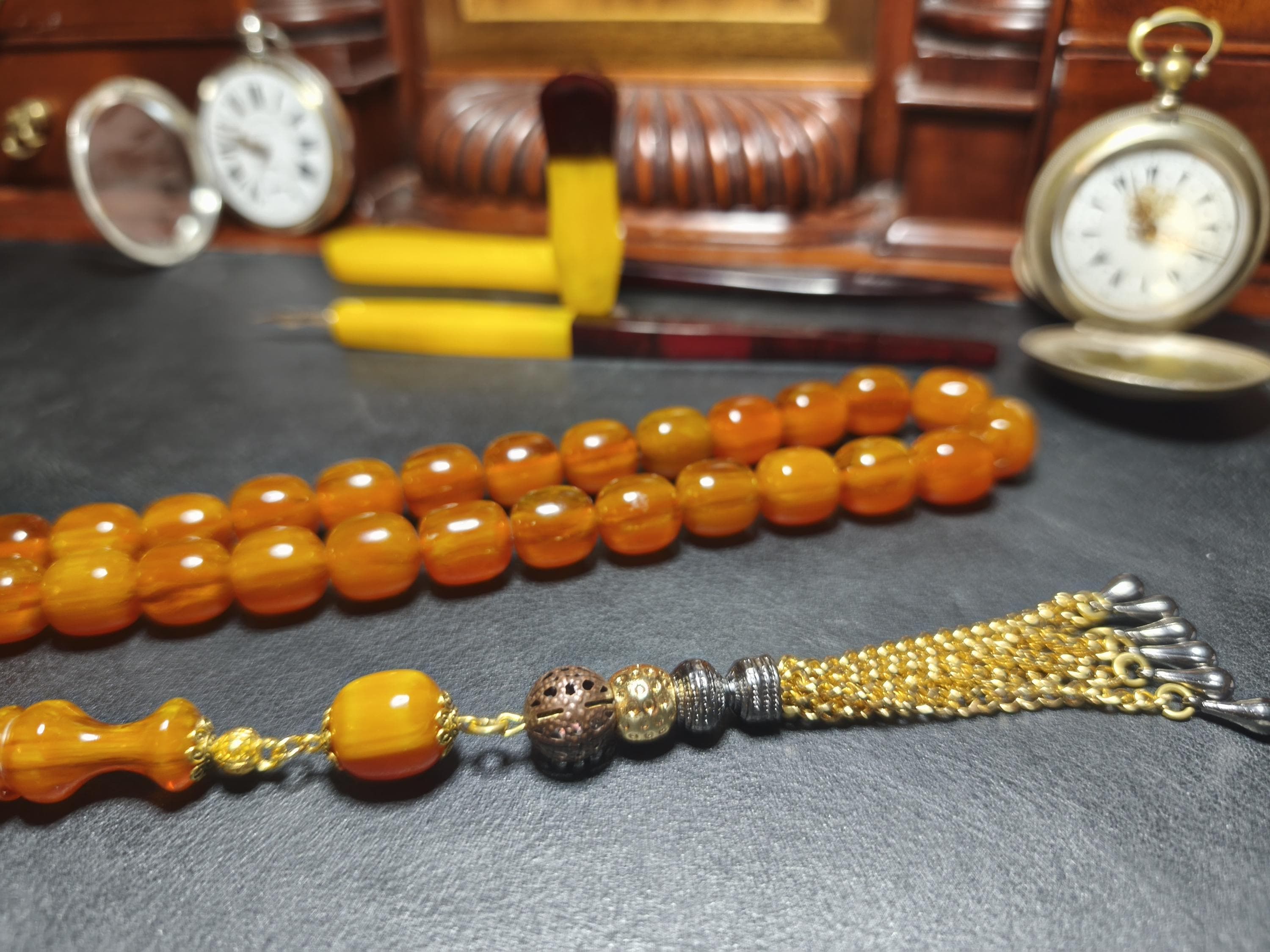 Dark Yellow 15 mm German bakelite Formula Hand Made Beads,Tesbih,Tasbih,Misbaha, Tasbeeh,Prayer Beads,Fusion Silver - JOB51
