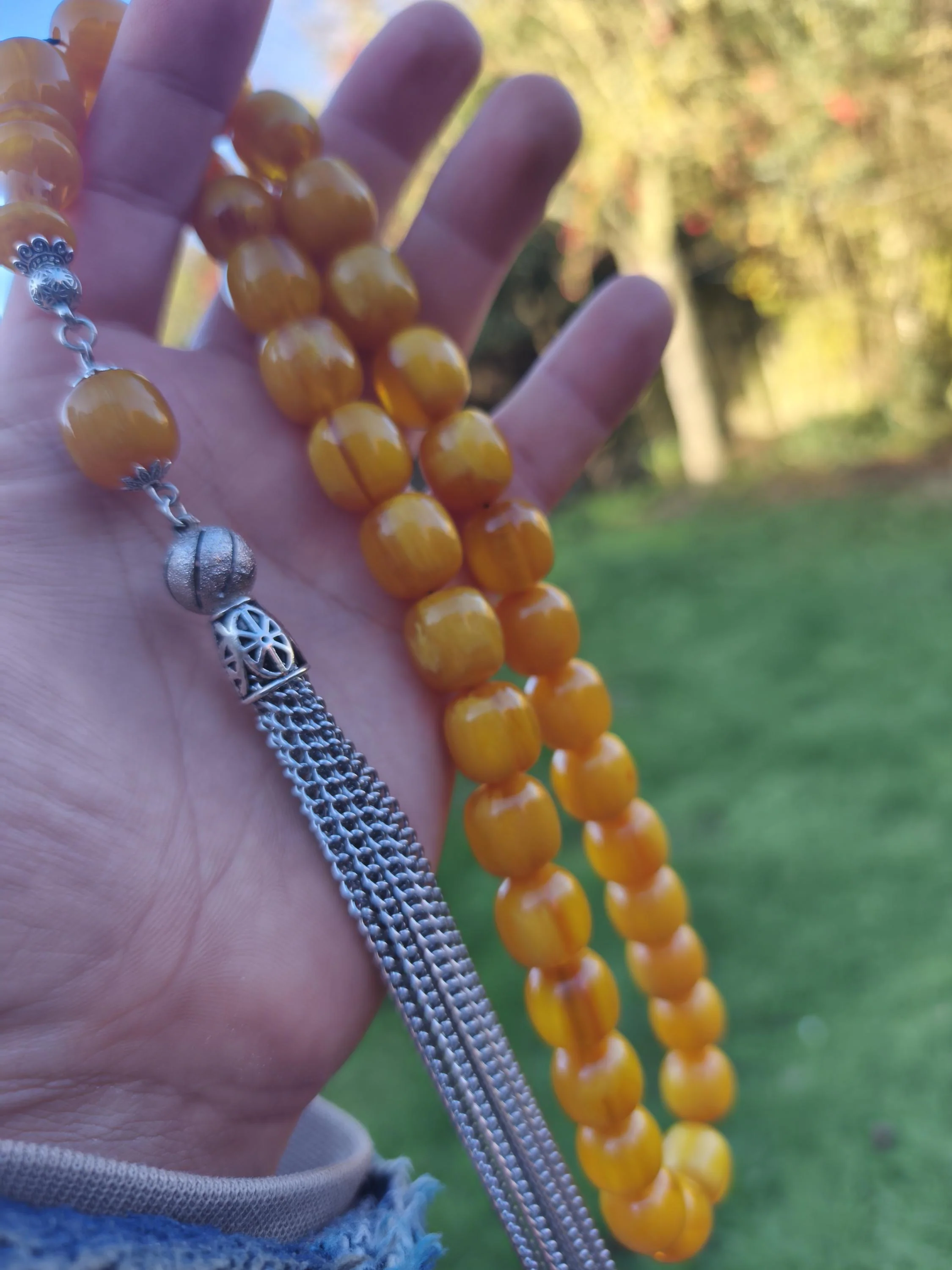 Incredible Long Fusion Silver Tessel Yellow bakelite Hand Made Bead Tesbih,Tasbih,Misbaha, Tasbeeh,Prayer Beads,Worry Beads DSC-26