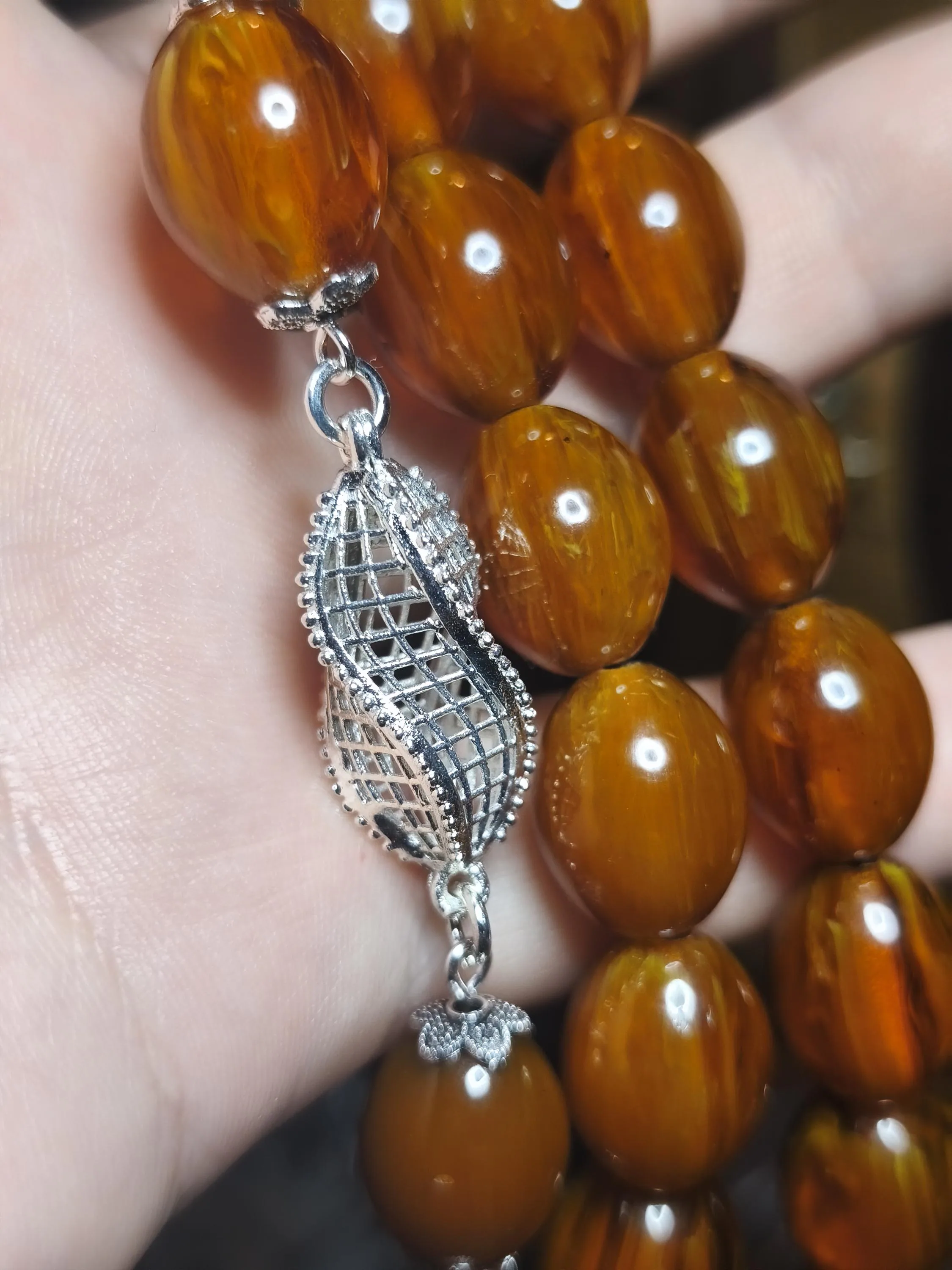 Cloudy Yellow Bakelite Prayer Beads, 16mm Meditation Tesbih, Fusion Silver Detail - JOB62