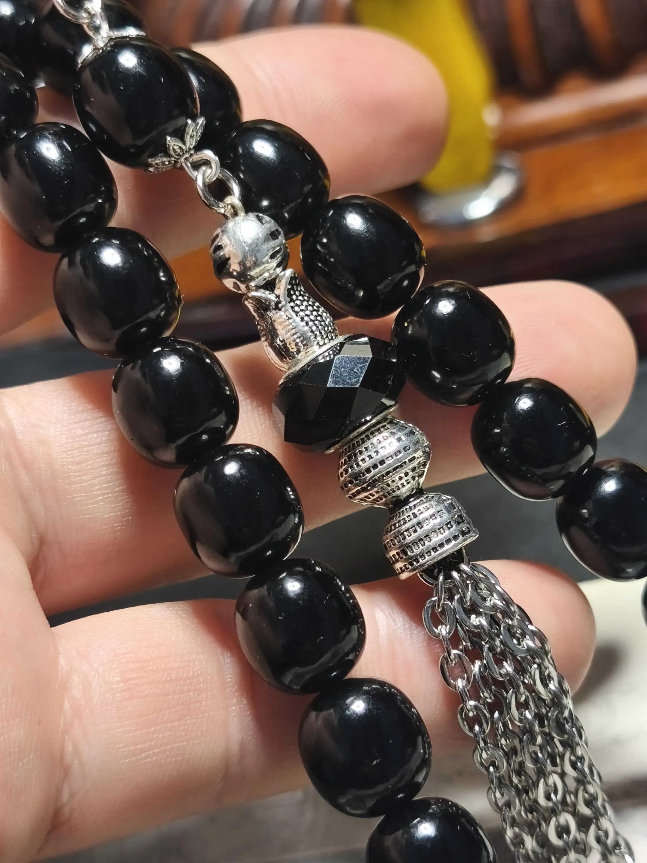 Black 13mm German Bakelite Prayer Beads, Tesbih, Tasbih, Misbaha, Fusion Silver  - JOB43