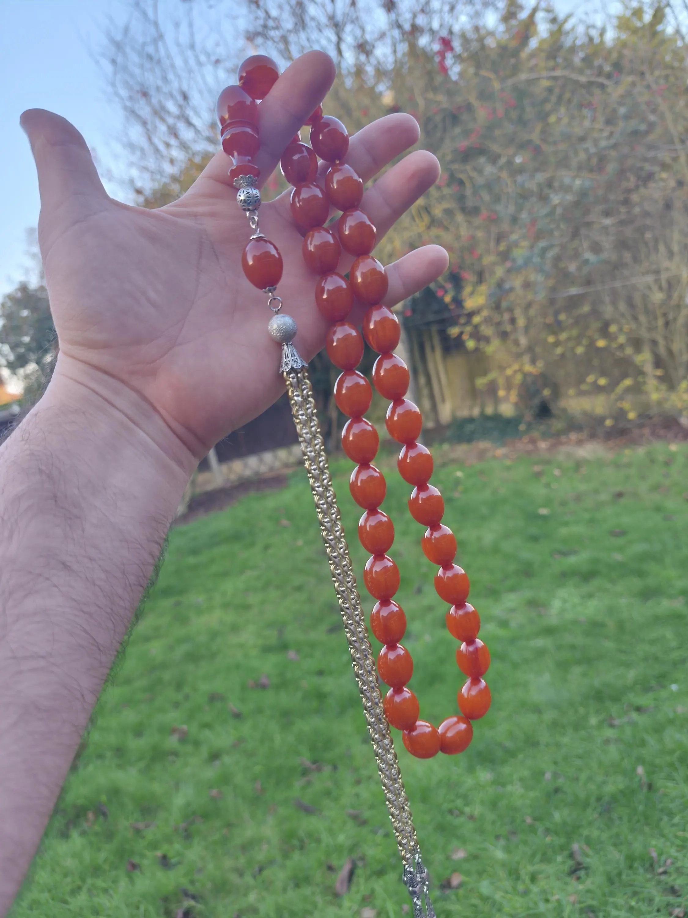 Incredible Long Tessel Orange  bakelite Hand Made Bead Tesbih,Tasbih, Misbaha, Tasbeeh, Prayer Beads,Worry Beads Fusion Silver Tessel DSC-14