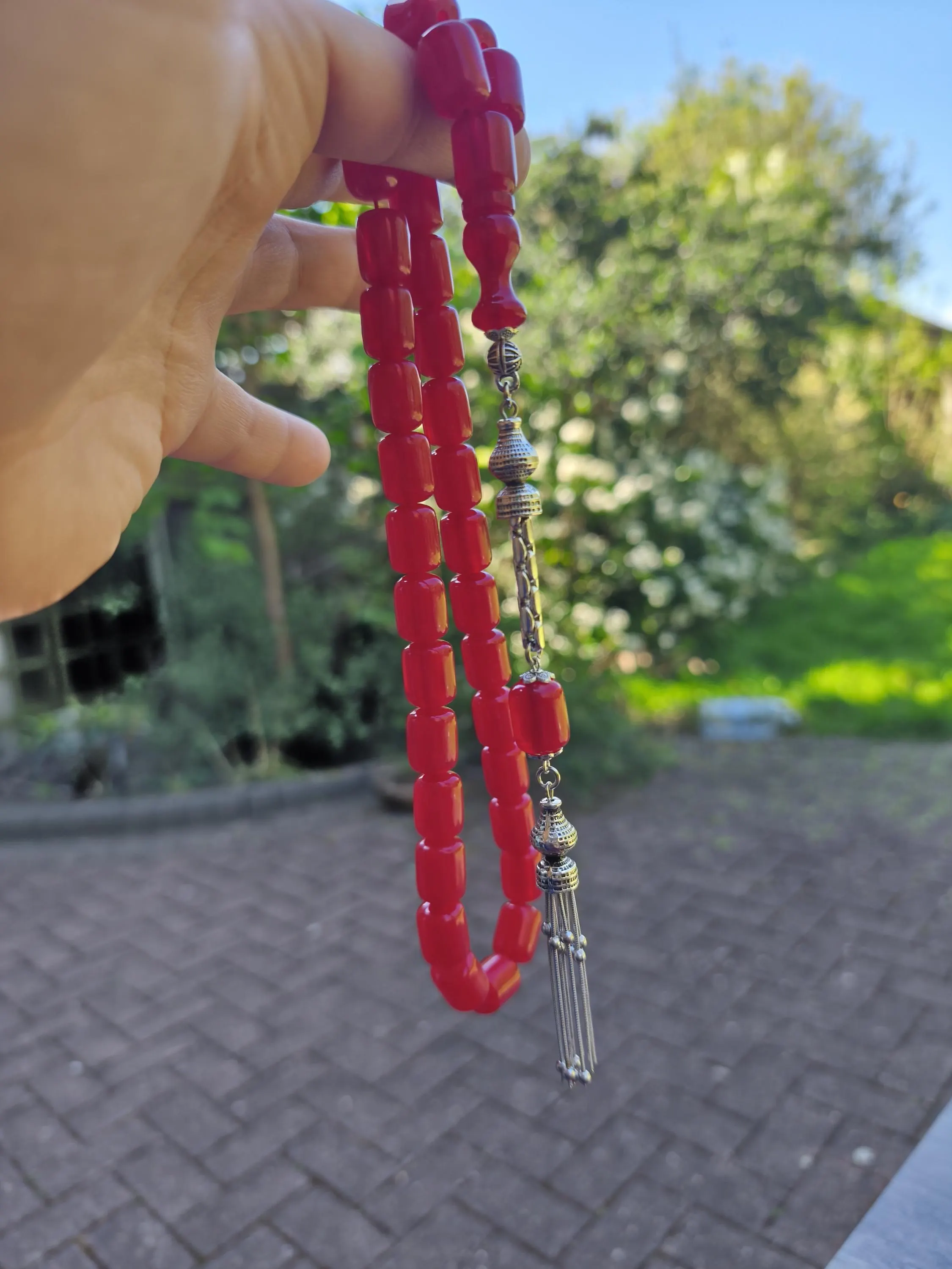 Red Long Barrel 15 mm German bakelite Formula Hand Made Beads,Tesbih,Tasbih,Misbaha, Tasbeeh,Prayer Beads,Fusion Silver - KES6