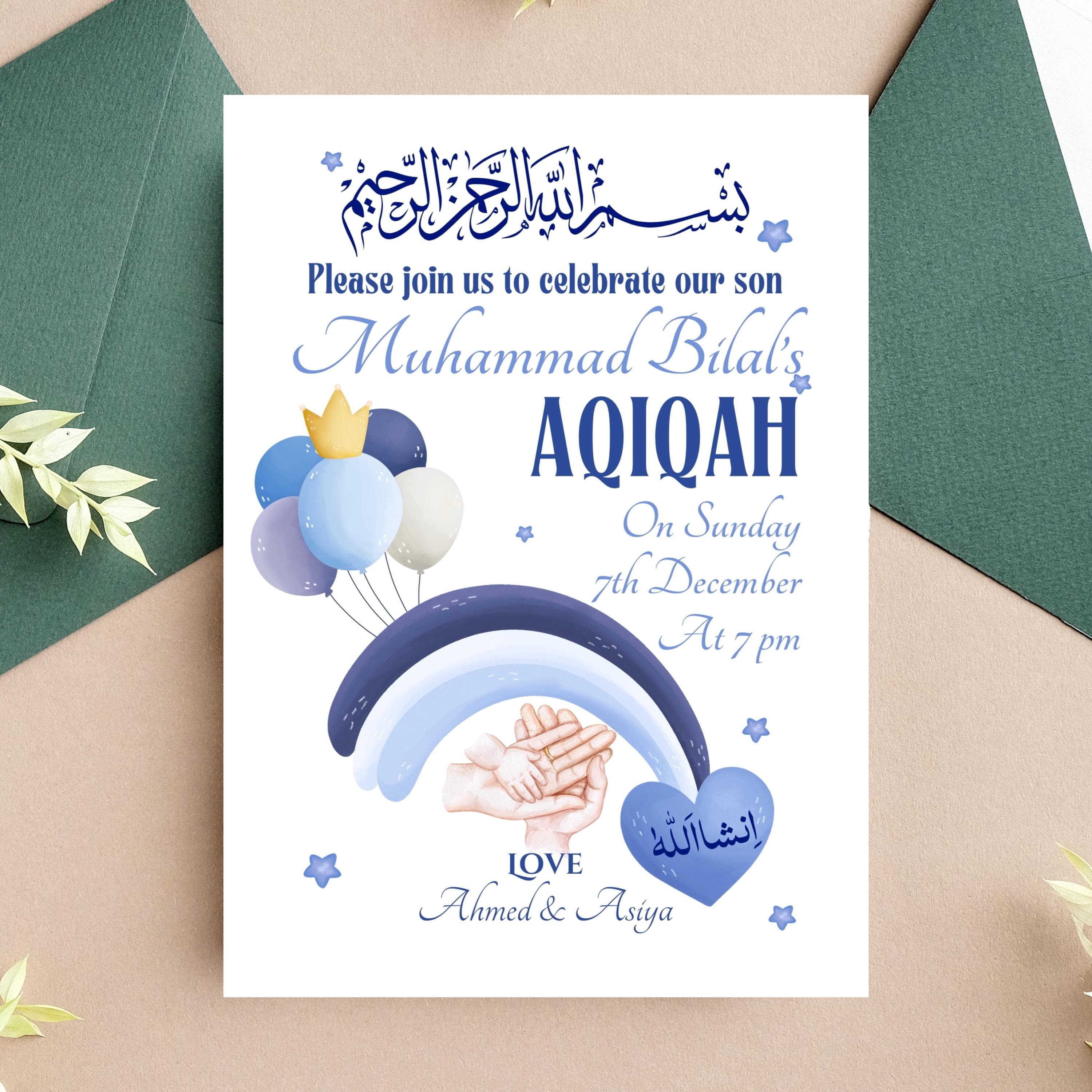 Editable Aqiqah Invitation template: Physical card or Ecard for baby Boys’ (Digital)