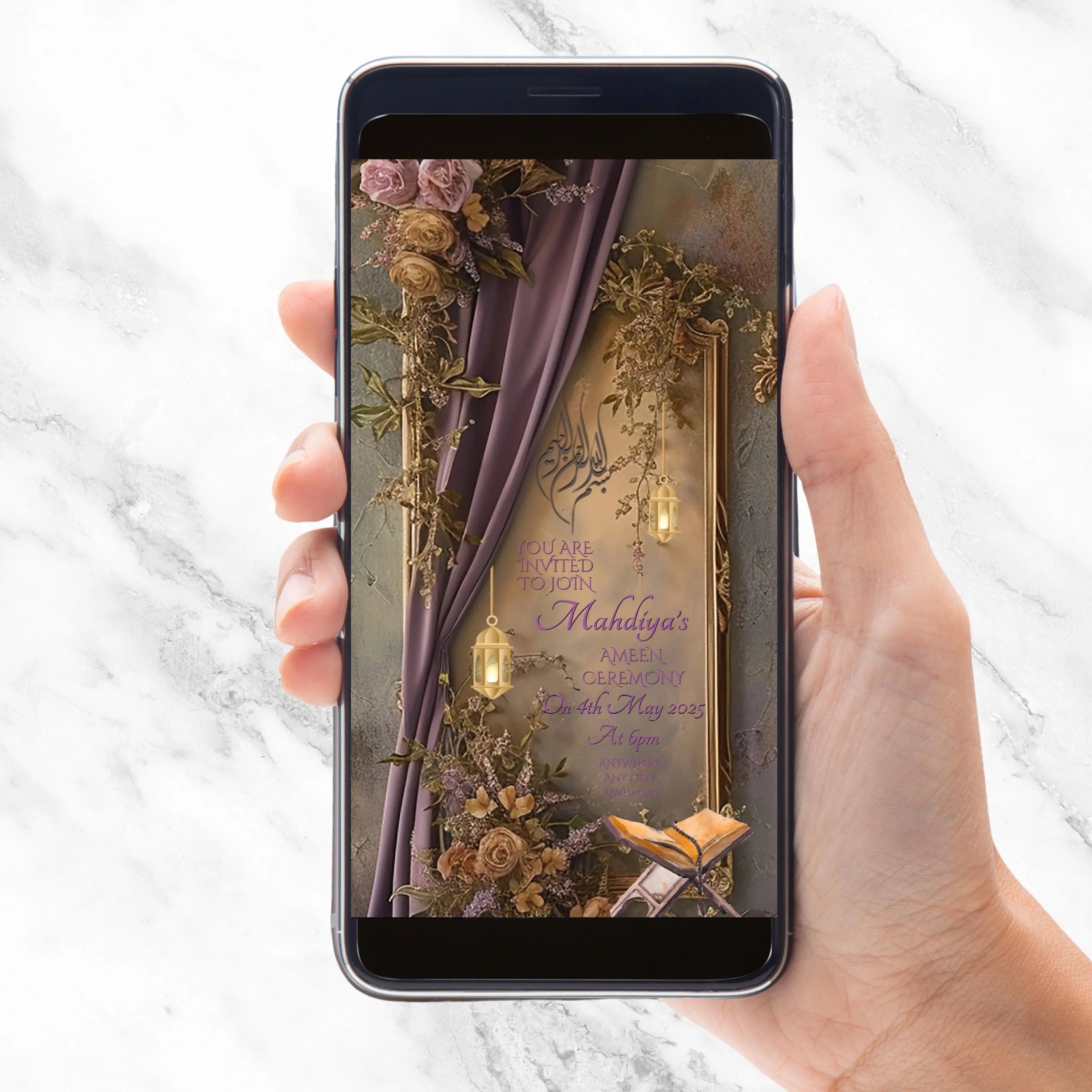 Lilac Gold Ameen Ceremony Ecard: Editable Invitation (Downloadable)