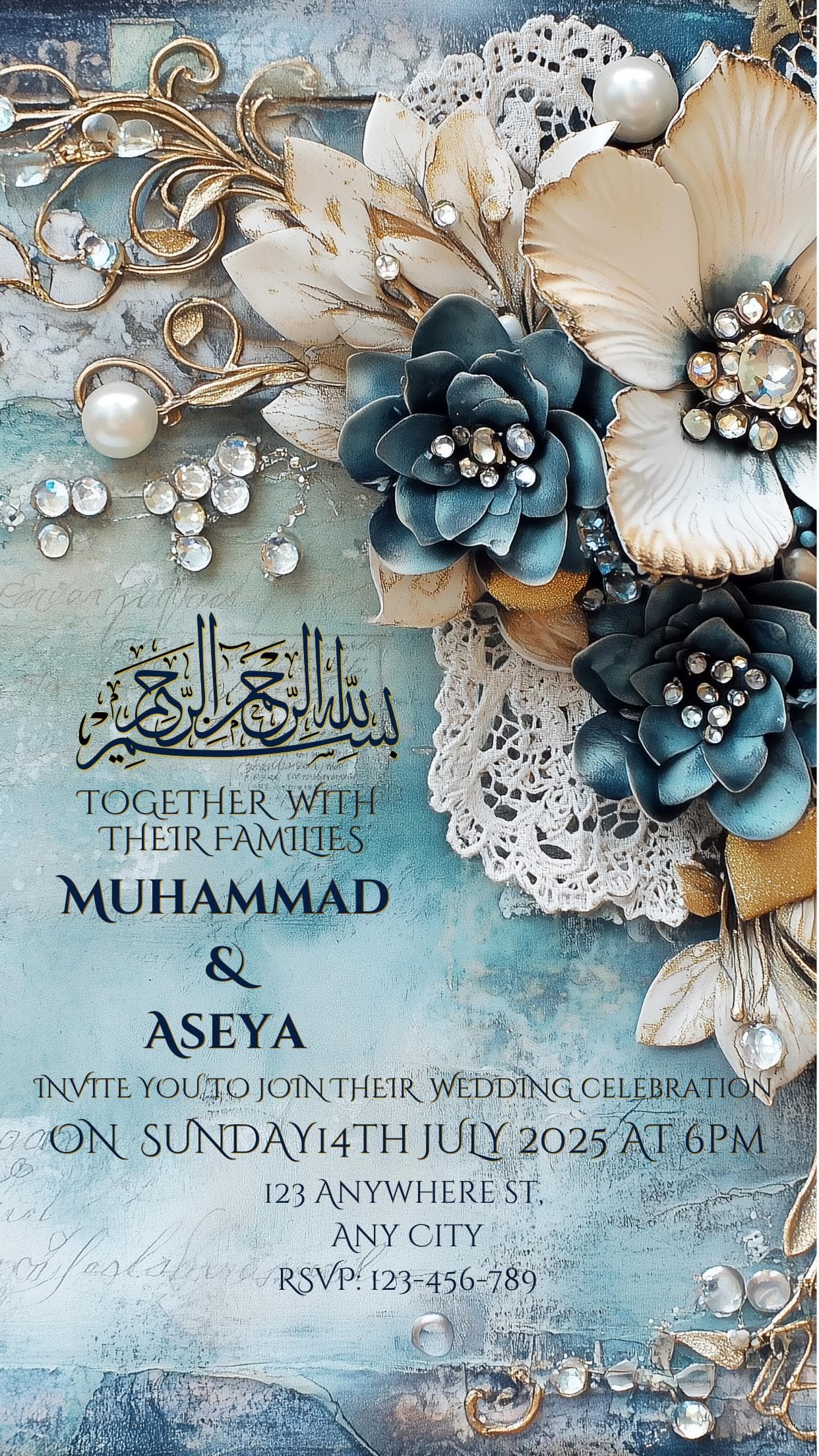 Blue & Gold Muslim Wedding Invitation Template: Editable Nikkah Ecard (Digital) - image 3