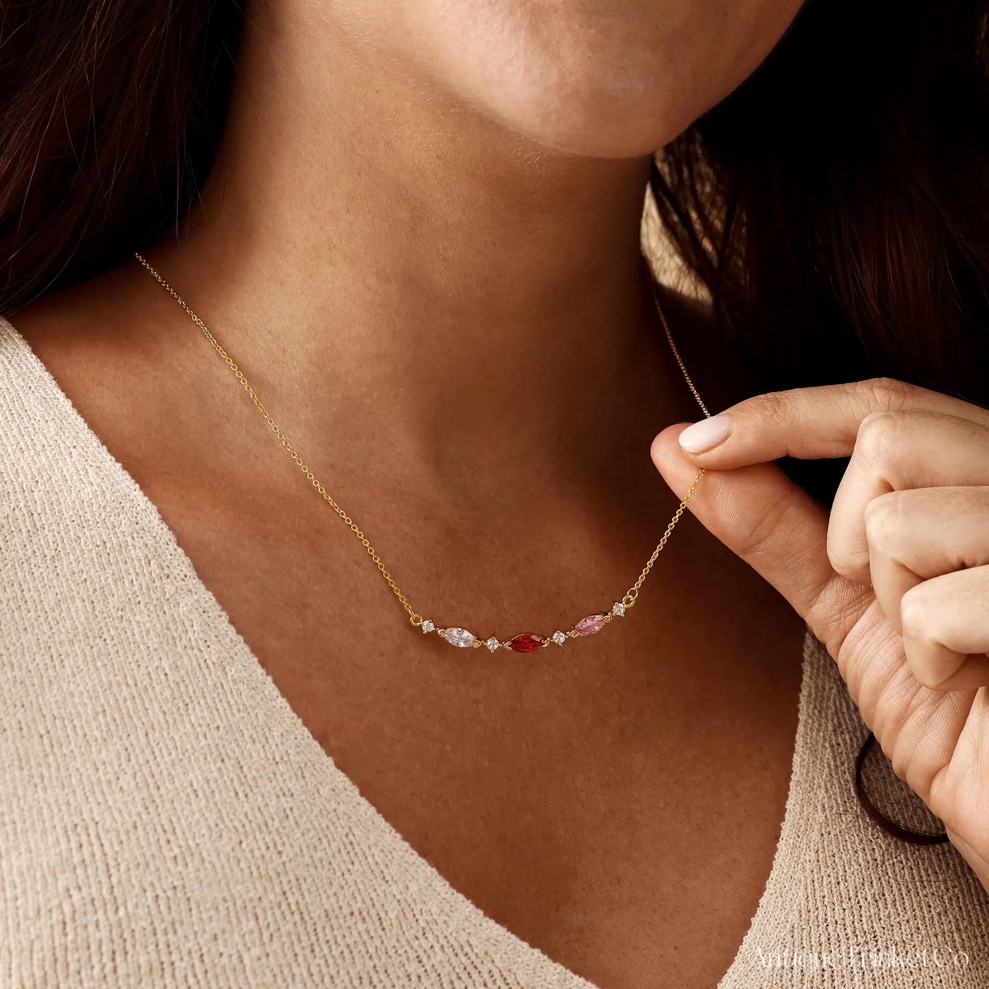 Custom Birthstone Necklace, Marquise Birthstone Necklace, Gold Family Necklace, Birthstone Jewelry, Birthday Gift, Bridesmaid Gifts for Her - image 3