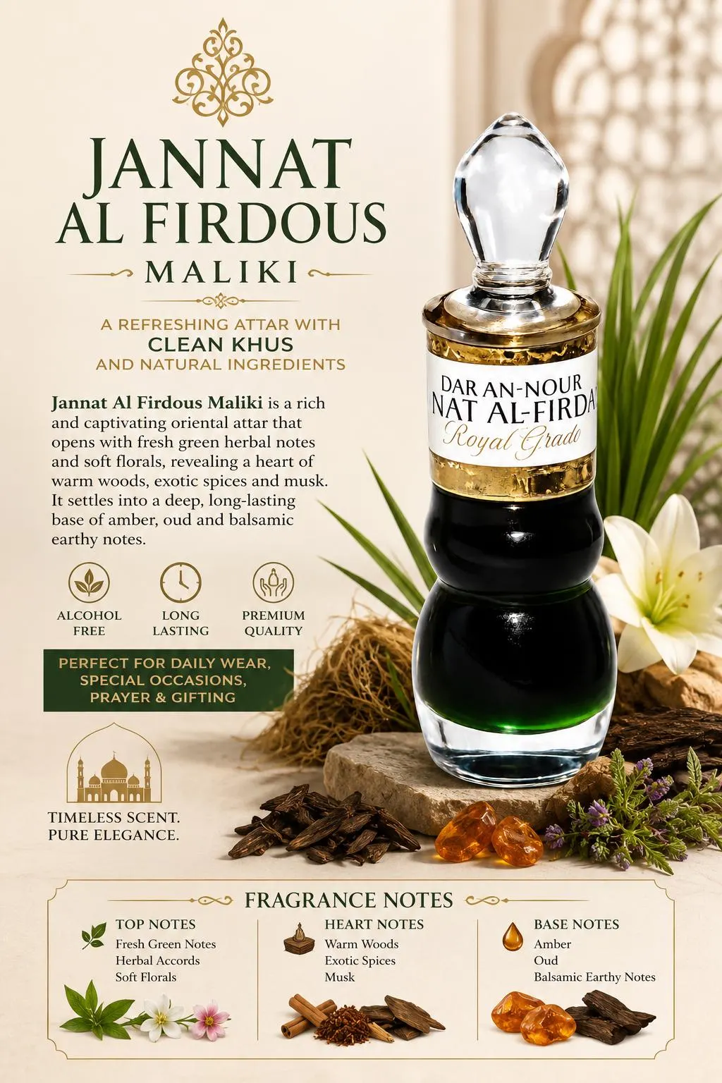 Jannat Al Firdous Attar | Ruh Khus, Rose, Geranium, Sandalwood | Luxury Natural Perfume Oil