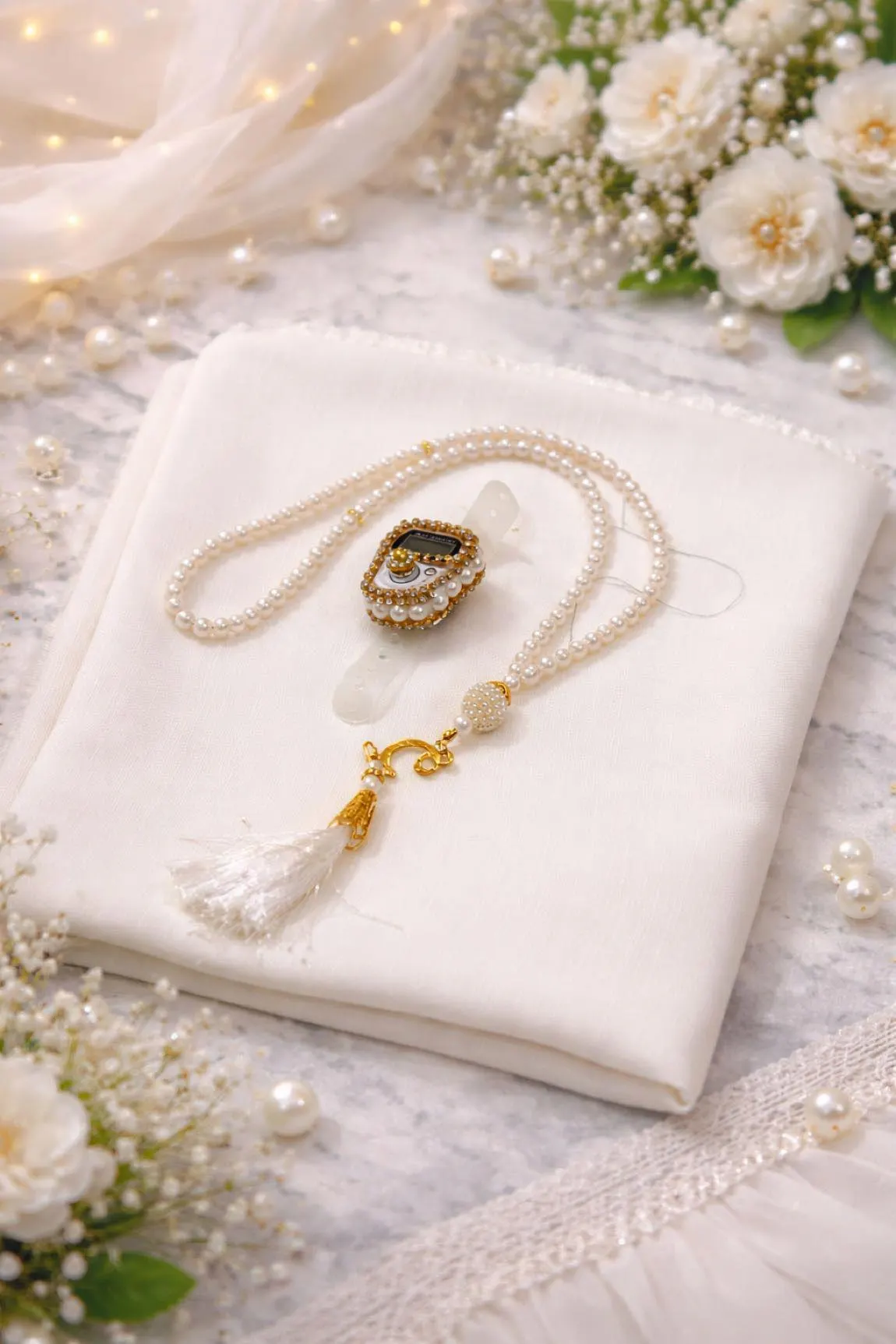 Islamic Gift Scarf & Tasbih and Digital Counter Set; Cotton Shawl, Wedding Favors, Muslim Gifts